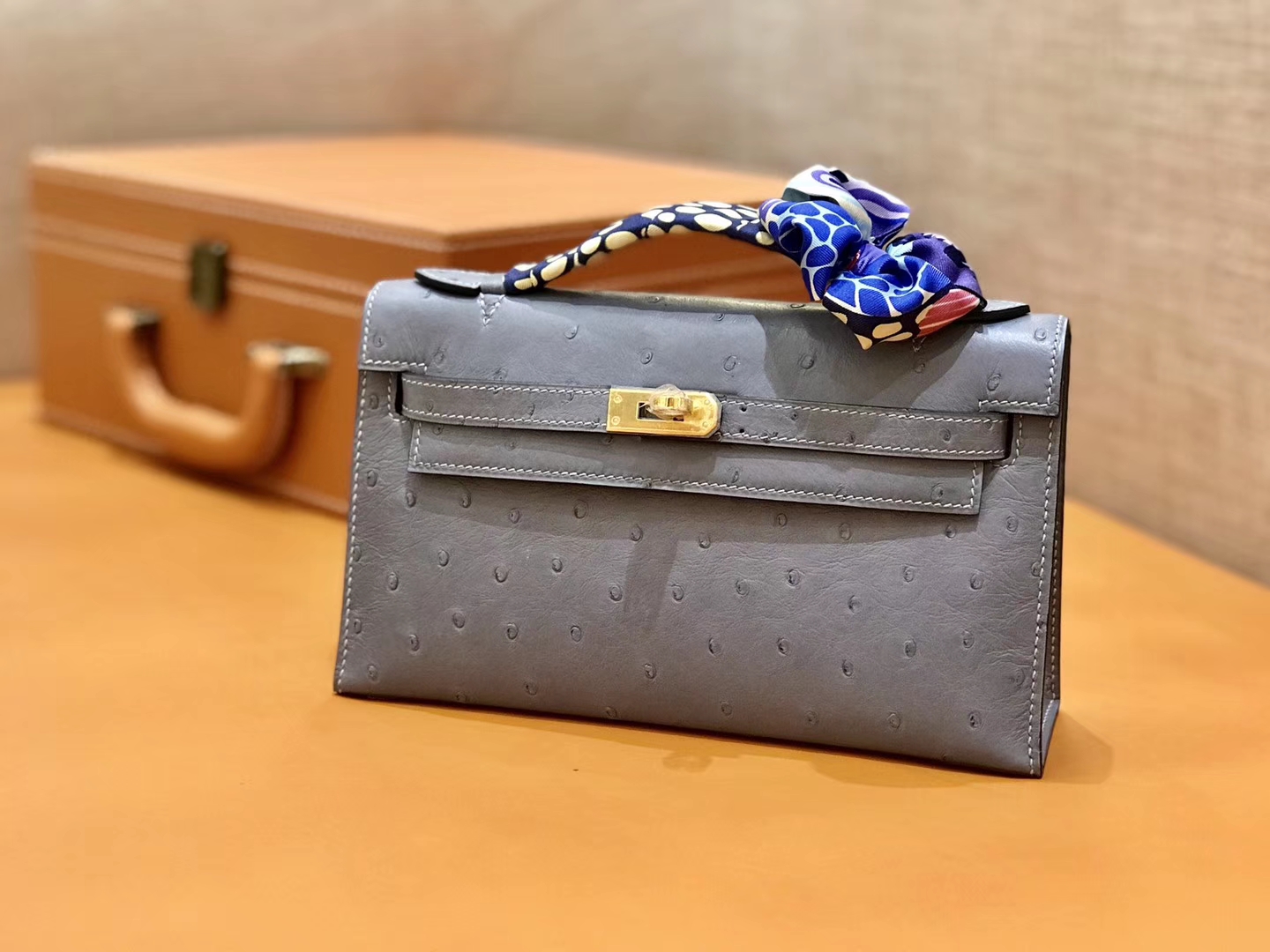 Hermès（爱马仕）MiniKelly 迷你凯莉 冰川蓝 冰川灰 鸵鸟皮 1代 金扣 22cm