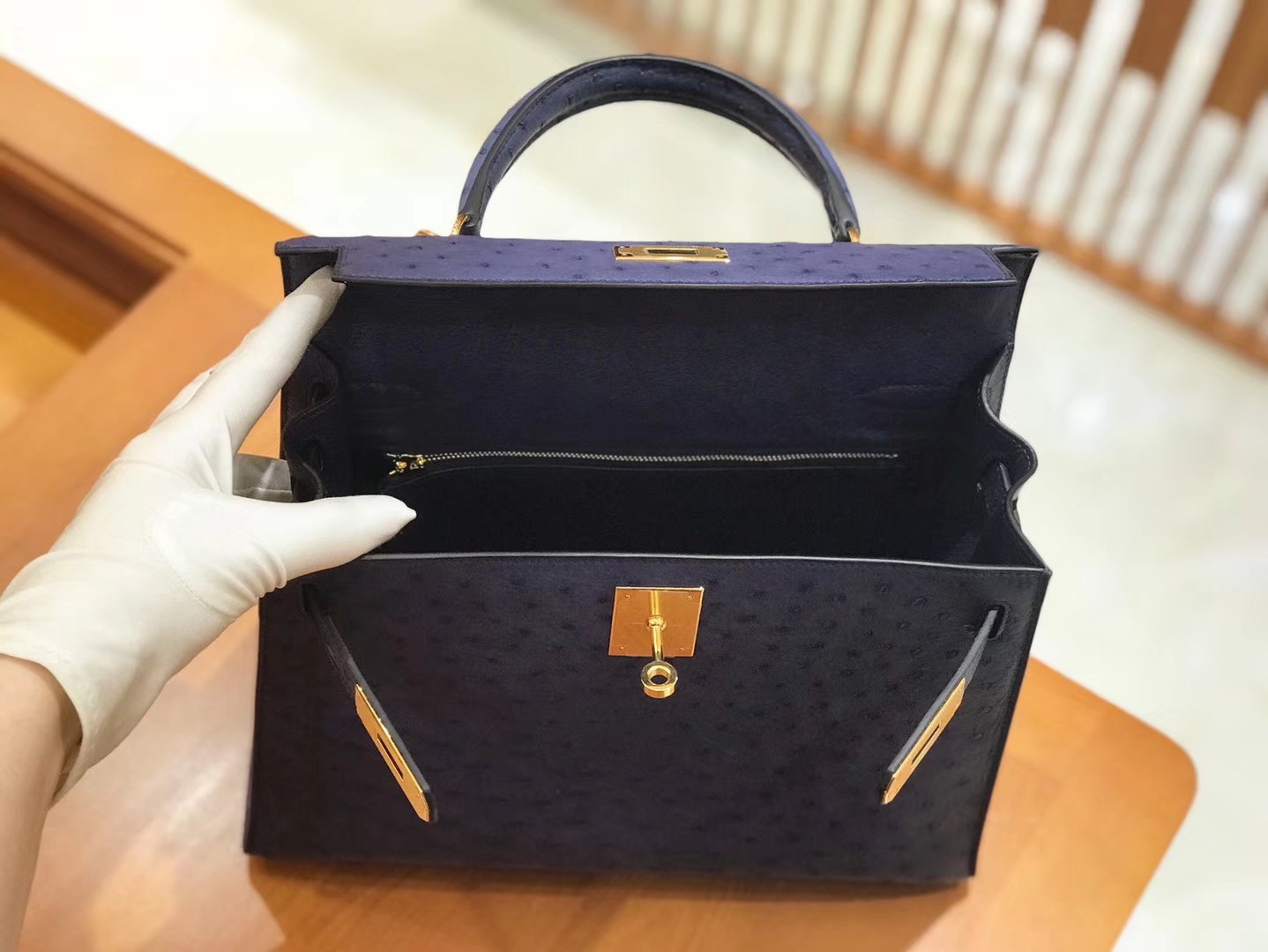 Hermès（爱马仕）Kelly 28cm 鸵鸟皮 玛瑙蓝 全手工缝制 新增现货