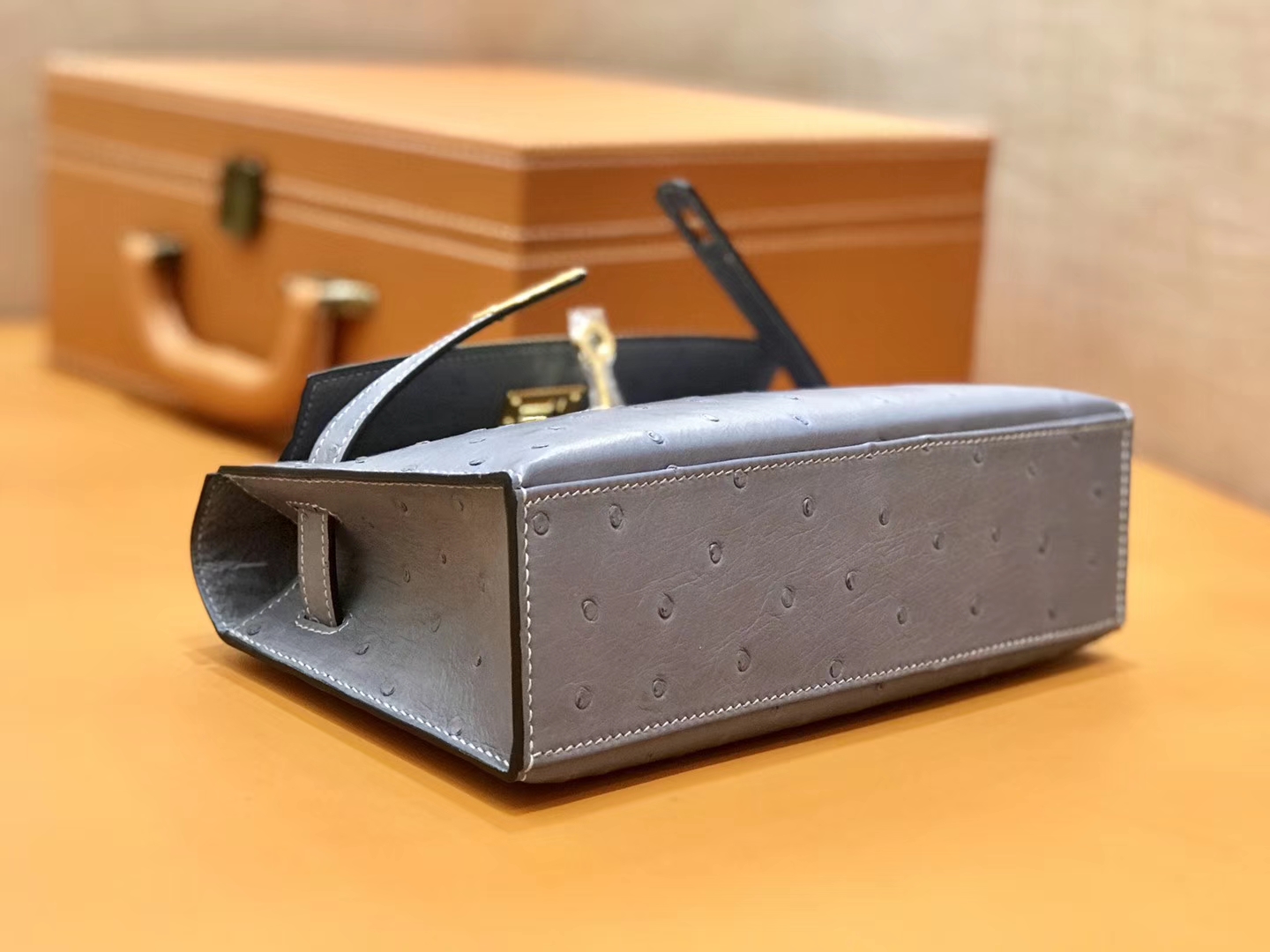 Hermès（爱马仕）MiniKelly 迷你凯莉 冰川蓝 冰川灰 鸵鸟皮 1代 金扣 22cm