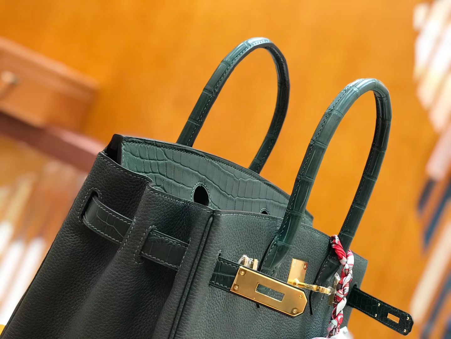 Hermès（爱马仕）Birkin 30cm Touch 松柏绿 鳄鱼皮拼牛皮 全手工缝制