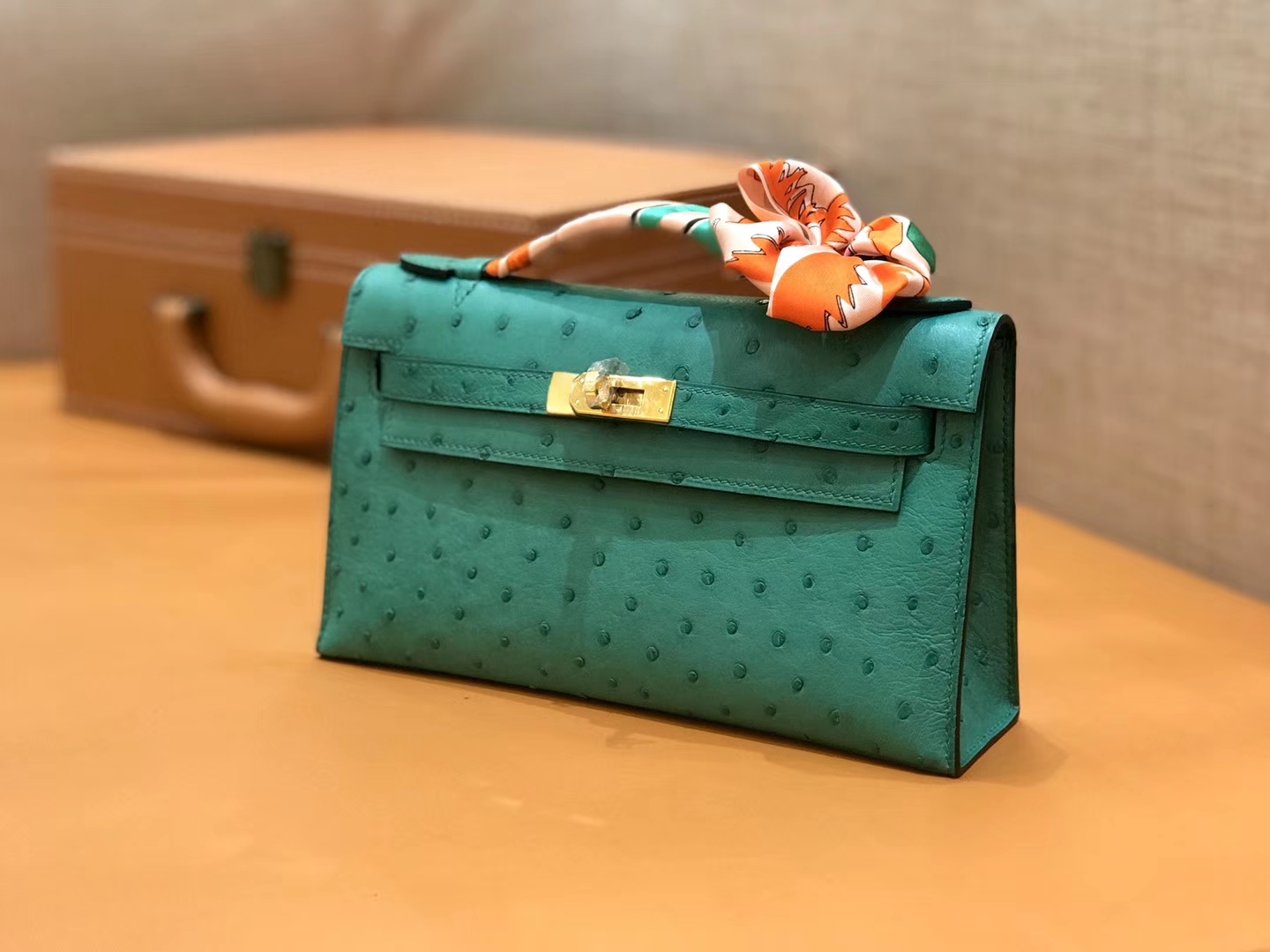 Hermès（爱马仕）Mini 1代 鸵鸟皮 丝绒绿 湖水绿 全手工缝制 现货