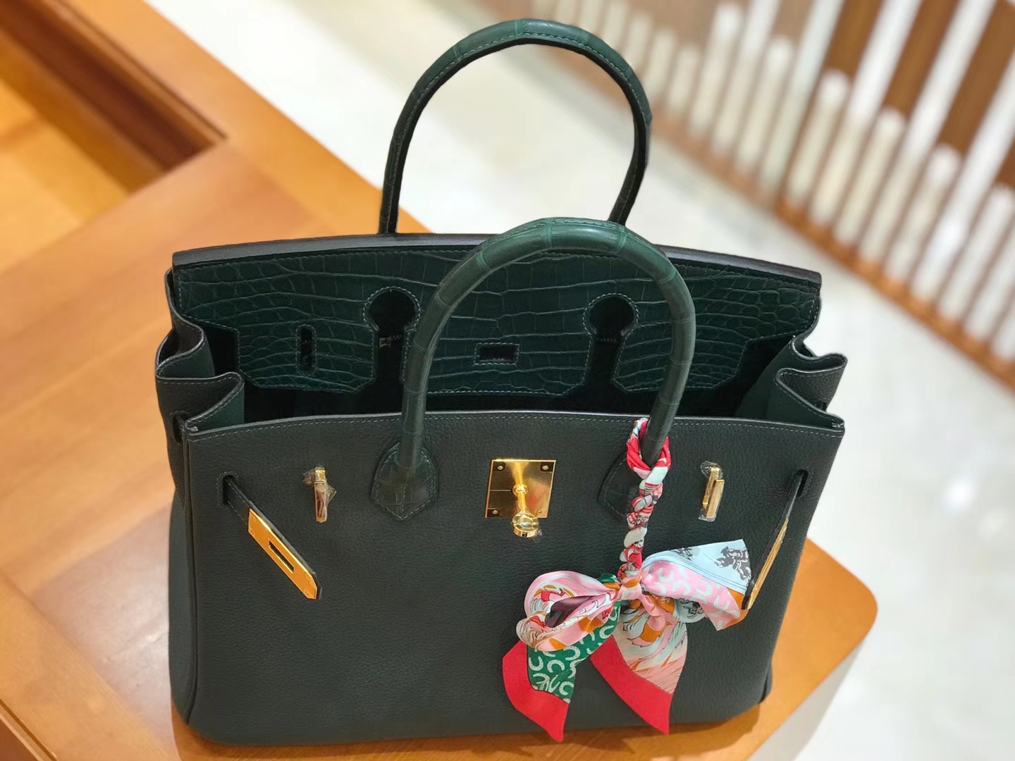 Hermès（爱马仕）Birkin 30cm Touch 松柏绿 鳄鱼皮拼牛皮 全手工缝制