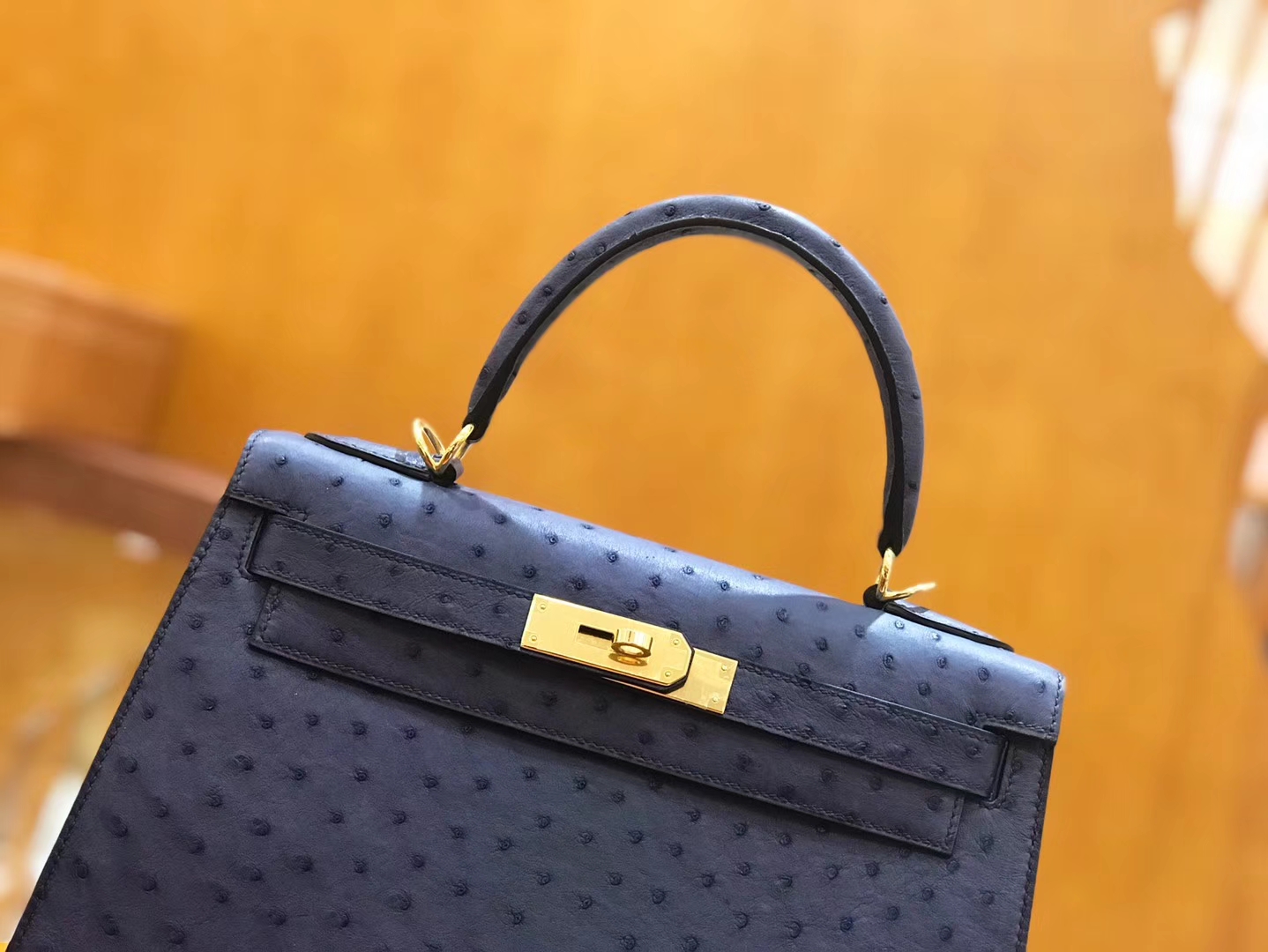 Hermès（爱马仕）Kelly 28cm 鸵鸟皮 玛瑙蓝 全手工缝制 新增现货
