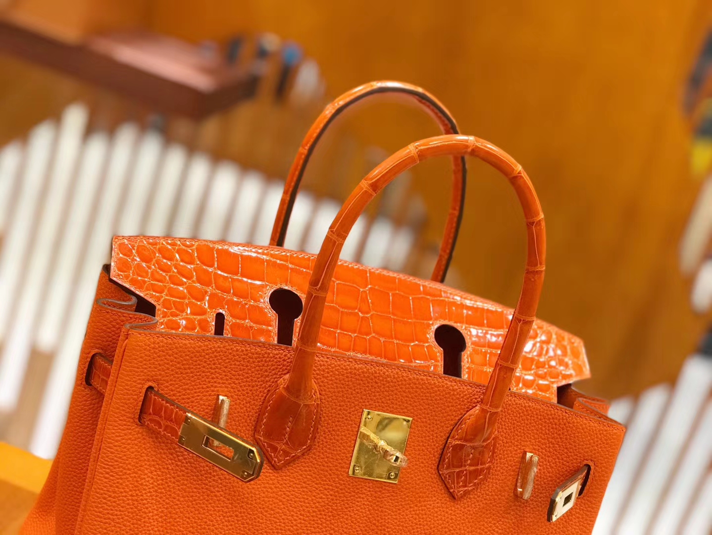 Hermès（爱马仕）Birkin Touch 火焰橙 鳄鱼皮拼牛皮 全手工缝制 30cm