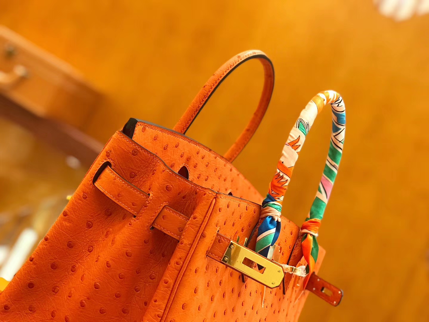 Hermès（爱马仕）Birkin 30cm 经典橙 鸵鸟皮 全手工缝制