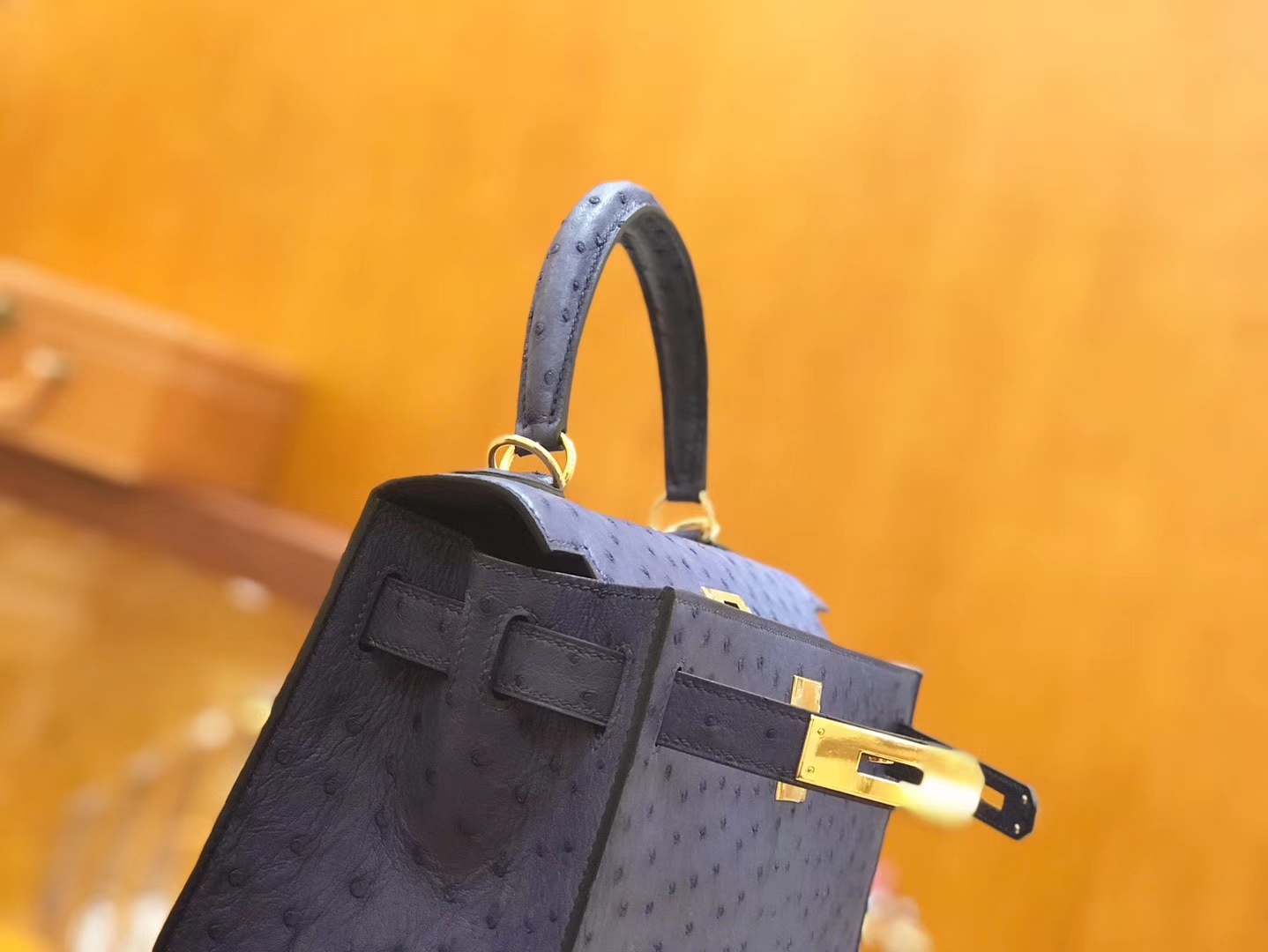 Hermès（爱马仕）Kelly 28cm 鸵鸟皮 玛瑙蓝 全手工缝制 新增现货