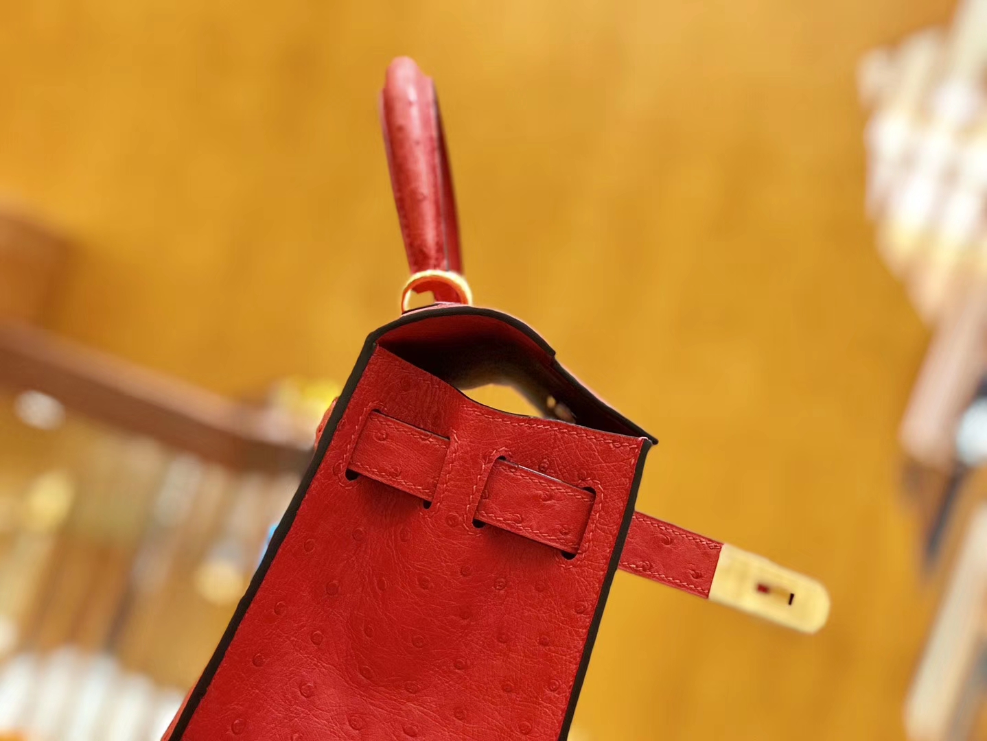 Hermès（爱马仕）Kelly 28cm 爱心红 金扣 鸵鸟皮 全手工缝制