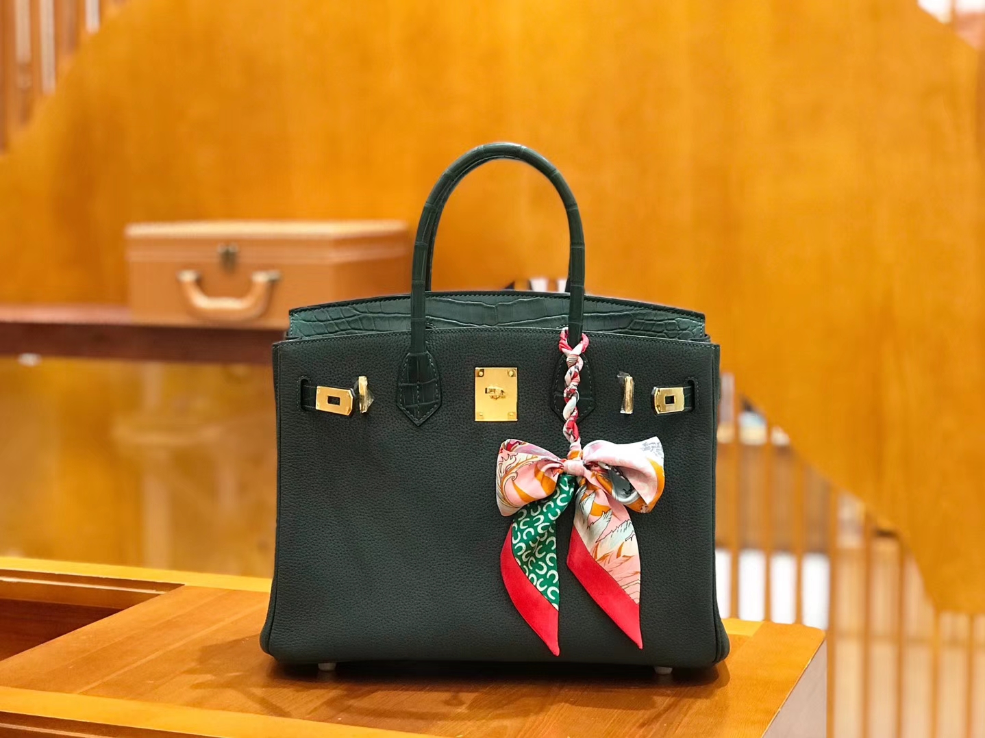 Hermès（爱马仕）Birkin 30cm Touch 松柏绿 鳄鱼皮拼牛皮 全手工缝制