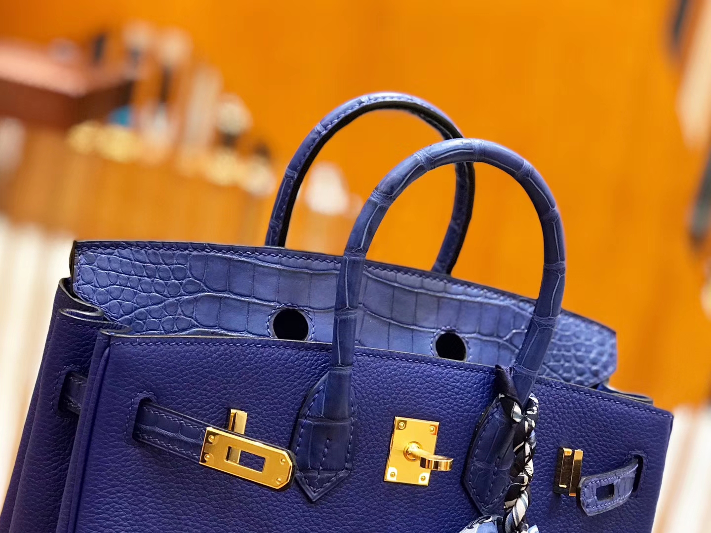 Hermès（爱马仕）Birkin 25cm Touch 电光蓝 鳄鱼皮拼牛皮 全手工缝制