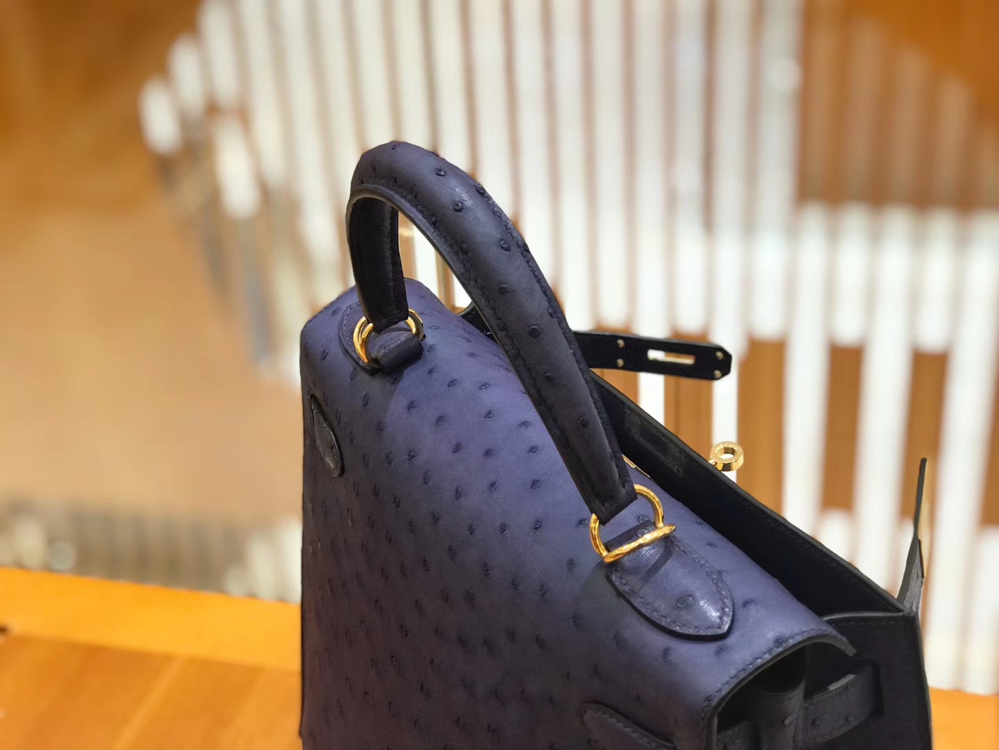 Hermès（爱马仕）Kelly 28cm 鸵鸟皮 玛瑙蓝 全手工缝制 新增现货