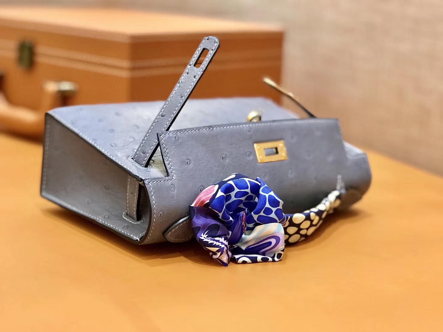 Hermès（爱马仕）MiniKelly 迷你凯莉 冰川蓝 冰川灰 鸵鸟皮 1代 金扣 22cm