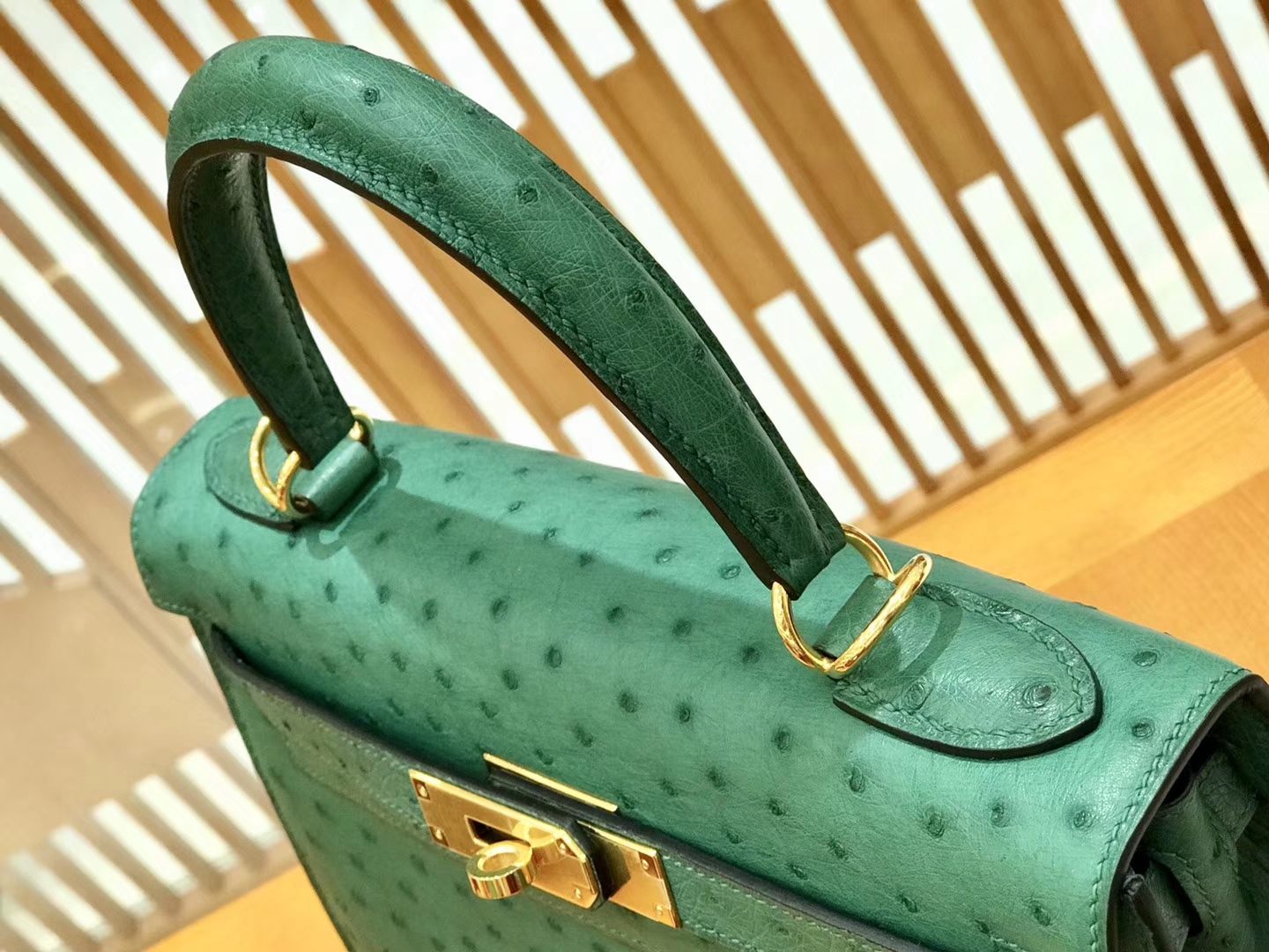 Hermès（爱马仕）Kelly 28cm 孔雀绿 金扣 鸵鸟皮 全手工缝制