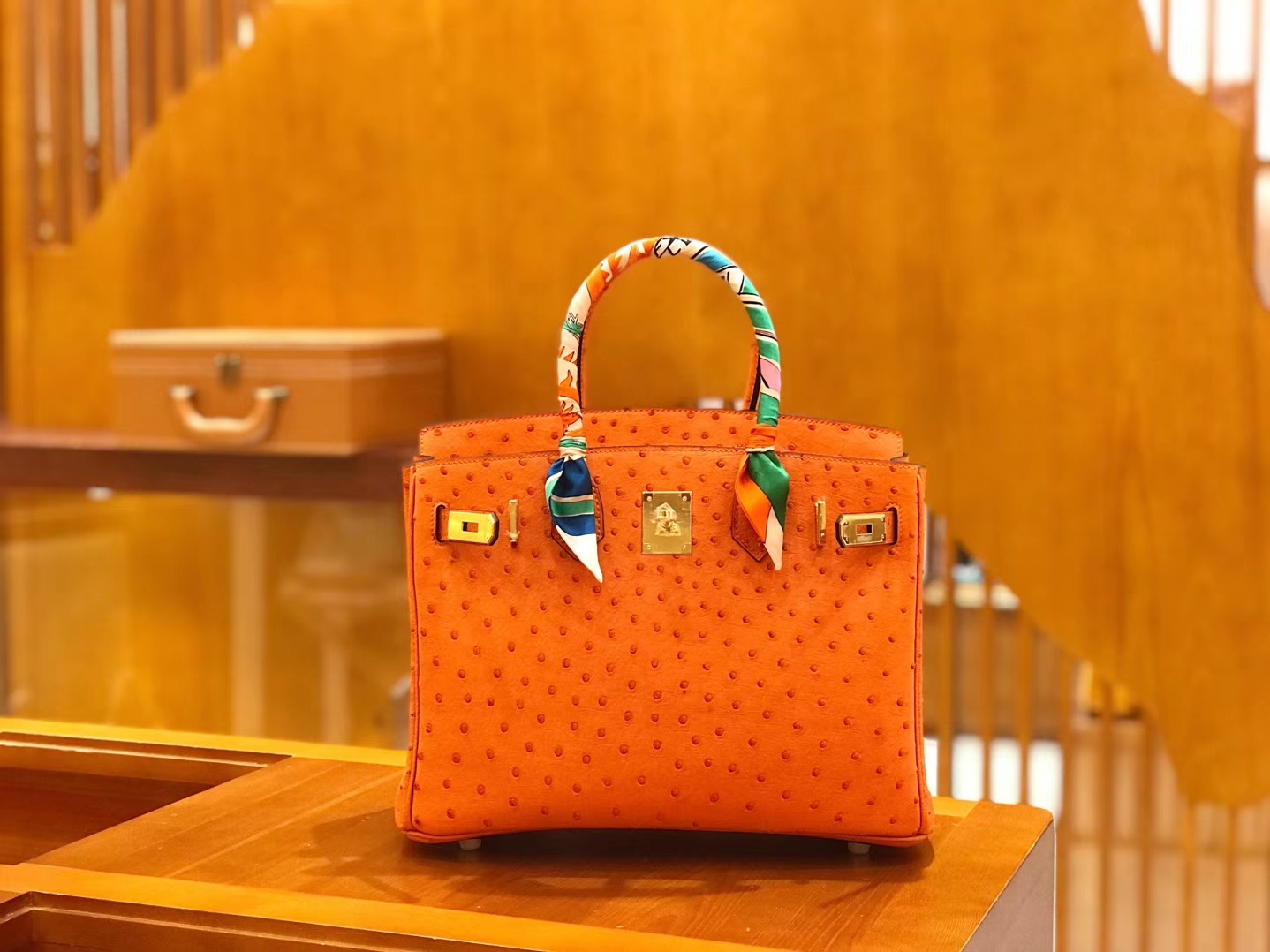 Hermès（爱马仕）Birkin 30cm 经典橙 鸵鸟皮 全手工缝制
