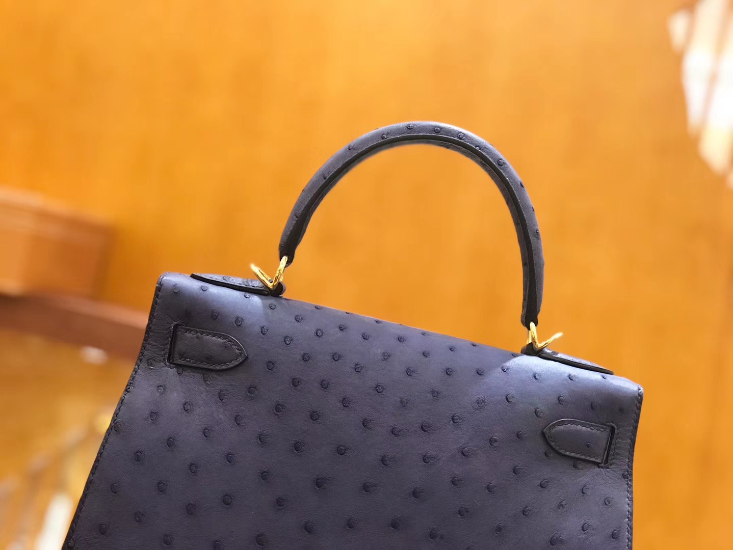 Hermès（爱马仕）Kelly 28cm 鸵鸟皮 玛瑙蓝 全手工缝制 新增现货