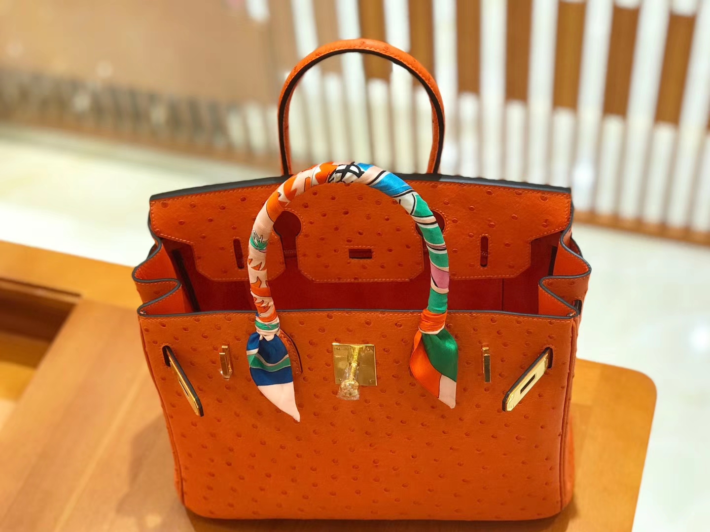 Hermès（爱马仕）Birkin 30cm 经典橙 鸵鸟皮 全手工缝制