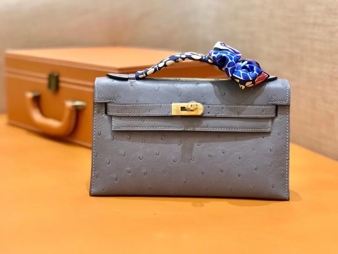 Hermès（爱马仕）MiniKelly 迷你凯莉 冰川蓝 冰川灰 鸵鸟皮 1代 金扣 22cm