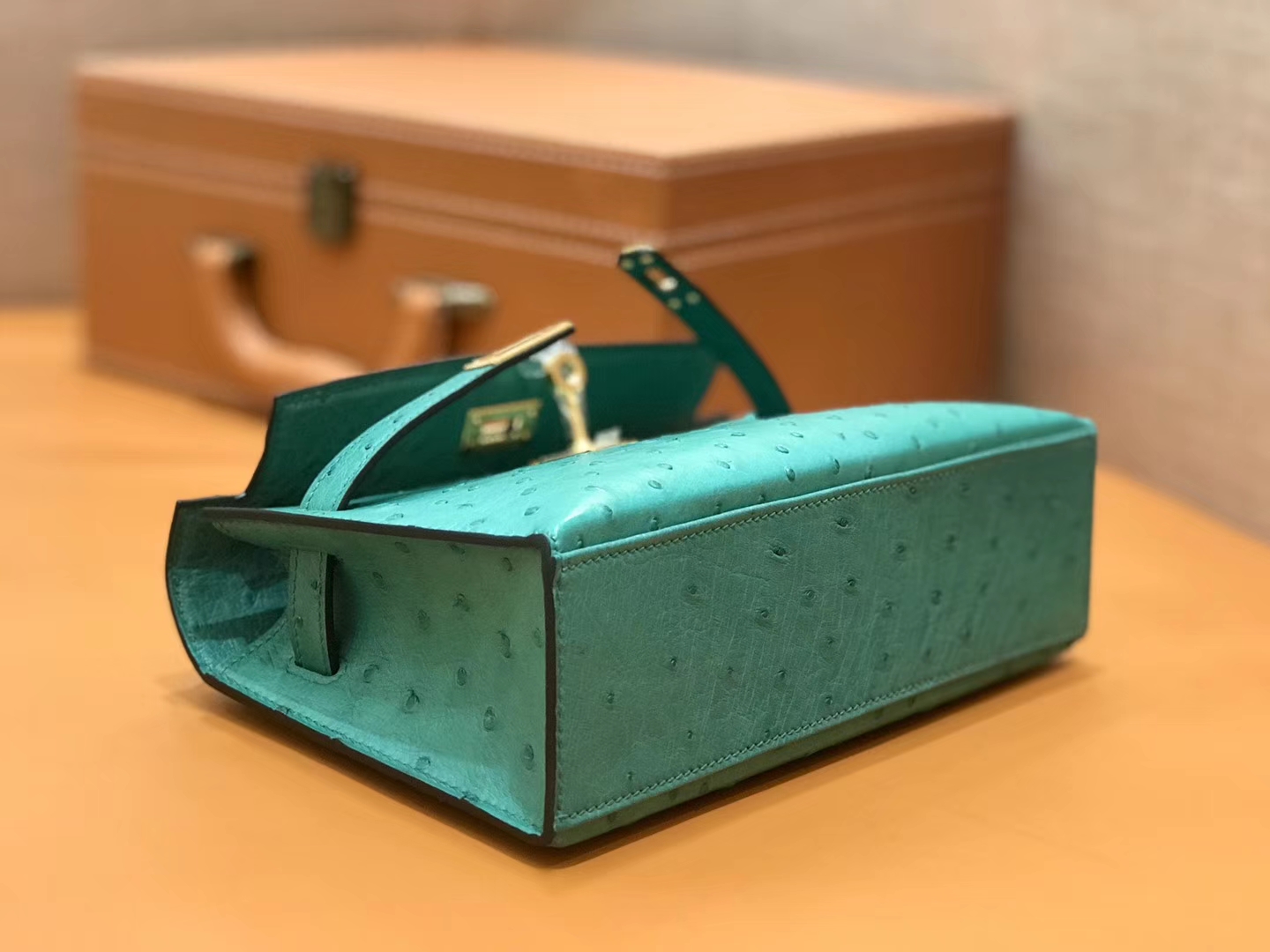 Hermès（爱马仕）Mini 1代 鸵鸟皮 丝绒绿 湖水绿 全手工缝制 现货
