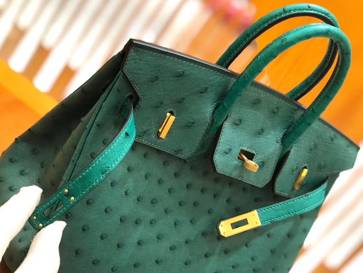 Hermès（爱马仕）Birkin 25cm 缇香绿拼墨绿 鸵鸟皮 全手工缝制