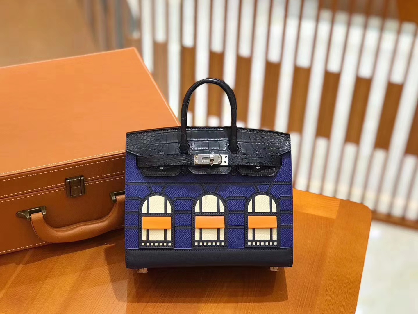 Hermès（爱马仕）Birkin 20cm 限量版小房子 宝蓝色 Epsom拼鳄鱼皮 顶级全手缝工序