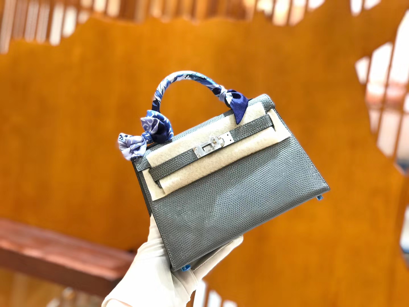 Hermès（爱马仕）mini 2代 19cm 南非野生蜥蜴皮 铁灰 杏仁绿 银扣 新增现货