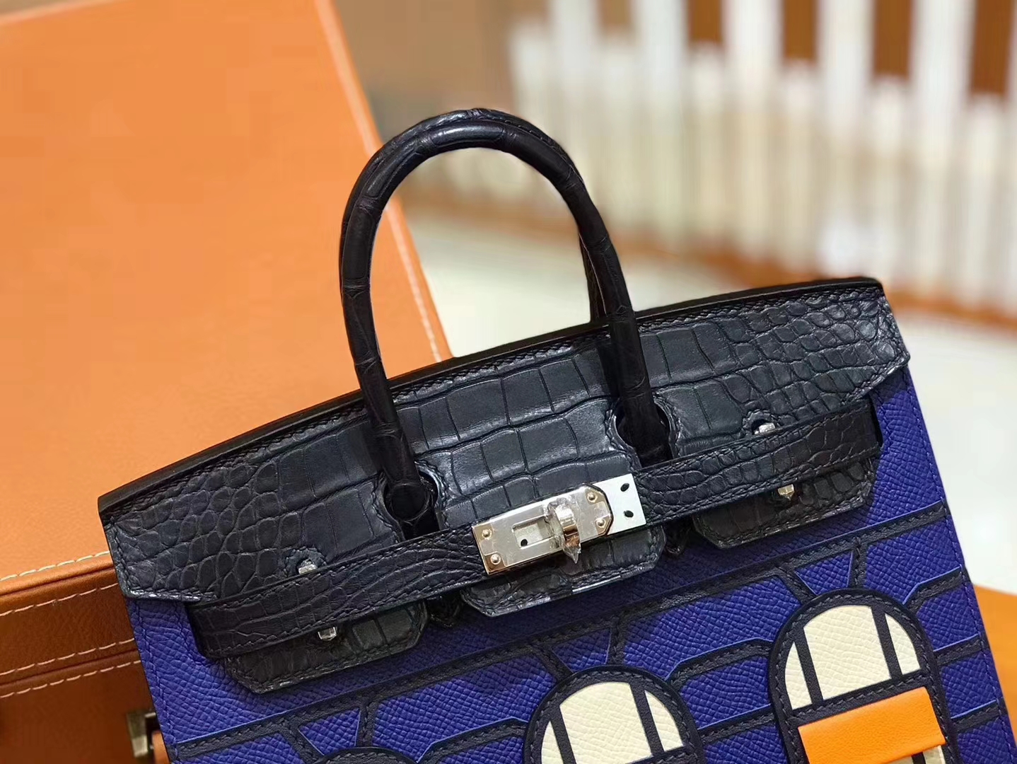 Hermès（爱马仕）Birkin 20cm 限量版小房子 宝蓝色 Epsom拼鳄鱼皮 顶级全手缝工序