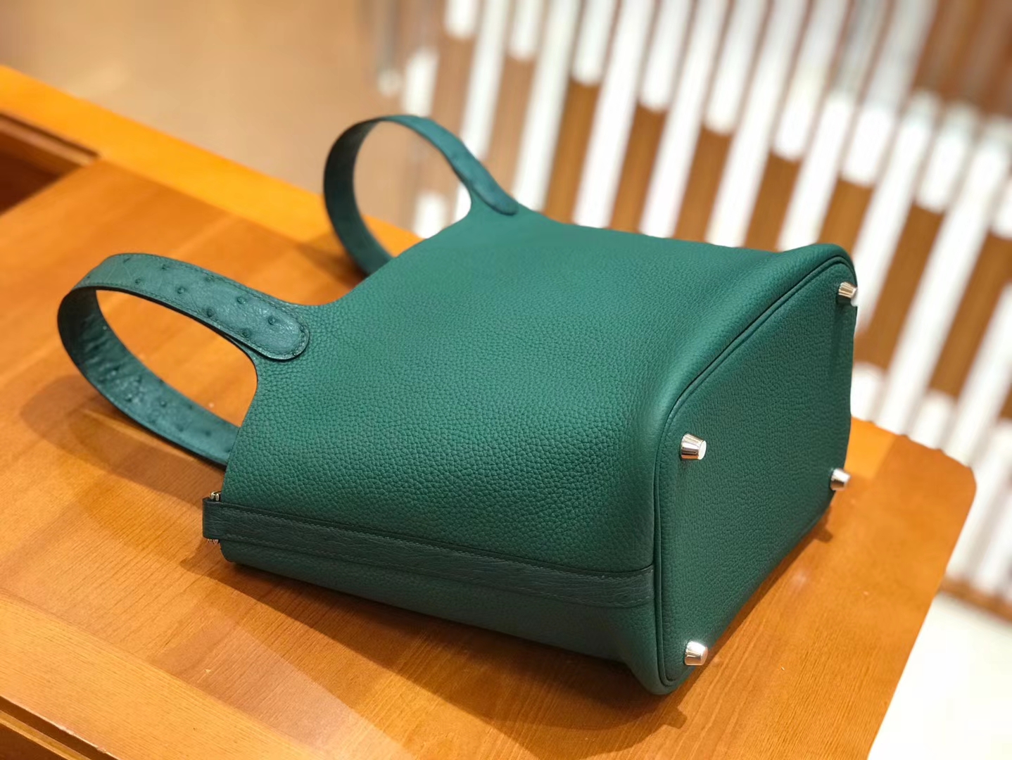 Hermès（爱马仕）Piction 18cm 丝绒绿 孔雀绿 银扣 鸵鸟皮拼小牛皮 全手工缝制