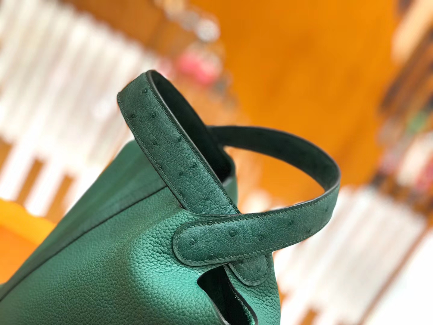 Hermès（爱马仕）Piction 18cm 丝绒绿 孔雀绿 银扣 鸵鸟皮拼小牛皮 全手工缝制