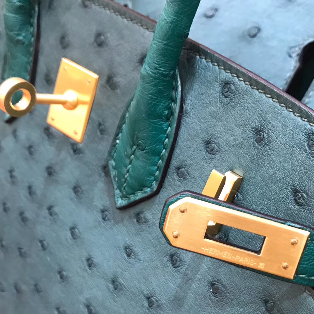 Hermès（爱马仕）Birkin 25cm 缇香绿拼墨绿 鸵鸟皮 全手工缝制
