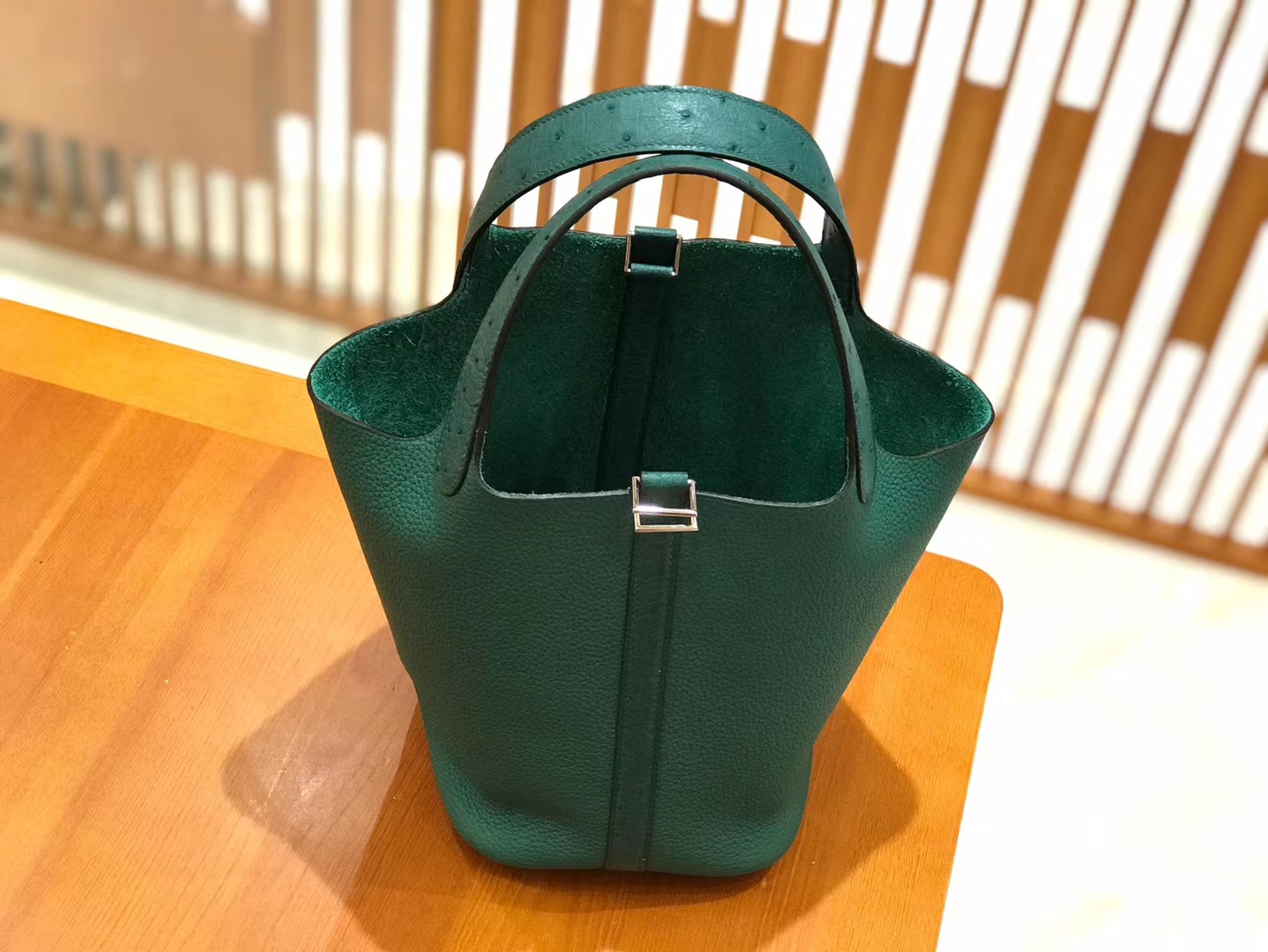 Hermès（爱马仕）Piction 18cm 丝绒绿 孔雀绿 银扣 鸵鸟皮拼小牛皮 全手工缝制