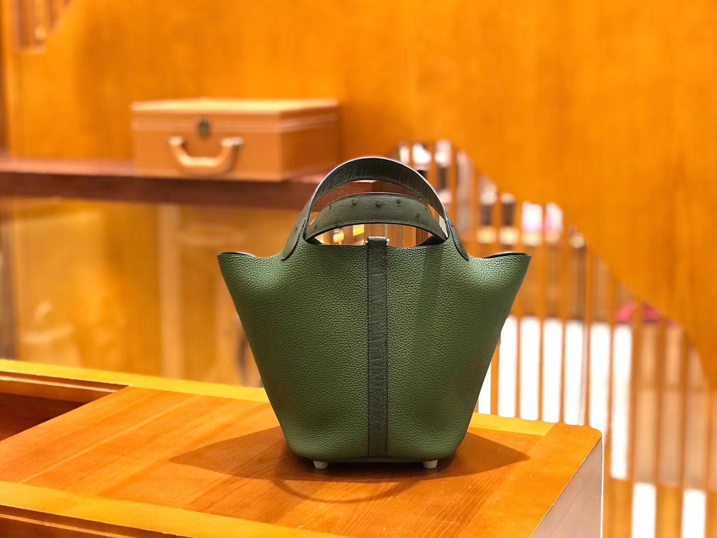 Hermès（爱马仕）Piction 18cm 丛林绿 银扣 鸵鸟皮拼小牛皮 全手工缝制