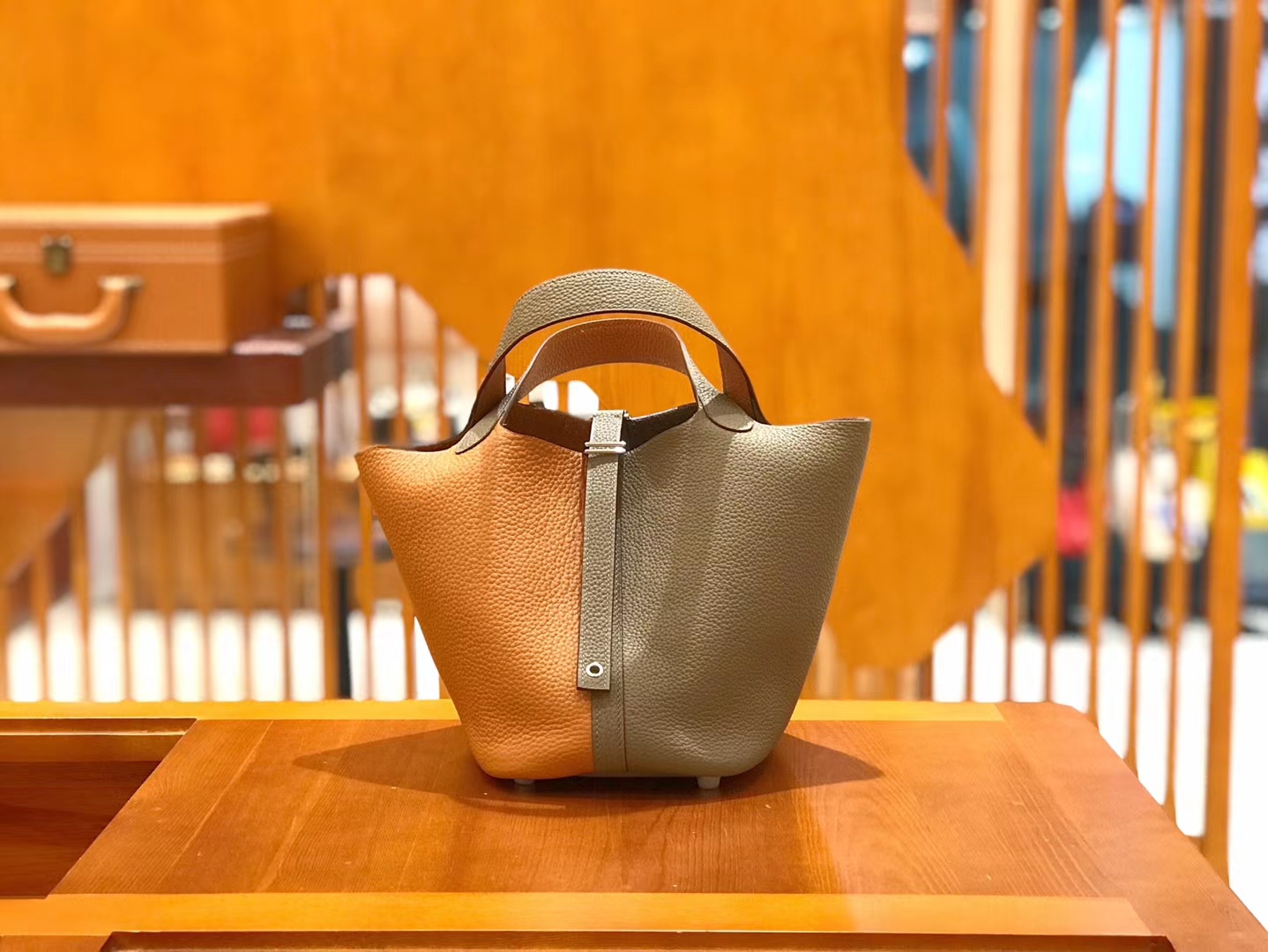 Hermès（爱马仕）Piction 18cm 大象灰拼金棕色 银扣 Togo小牛皮 全手工缝制