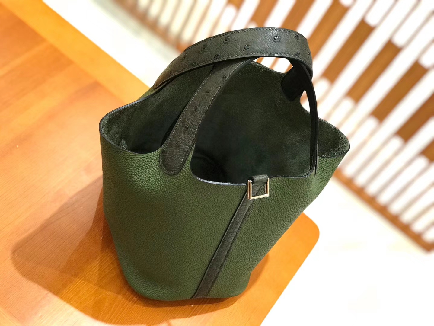 Hermès（爱马仕）Piction 18cm 丛林绿 银扣 鸵鸟皮拼小牛皮 全手工缝制