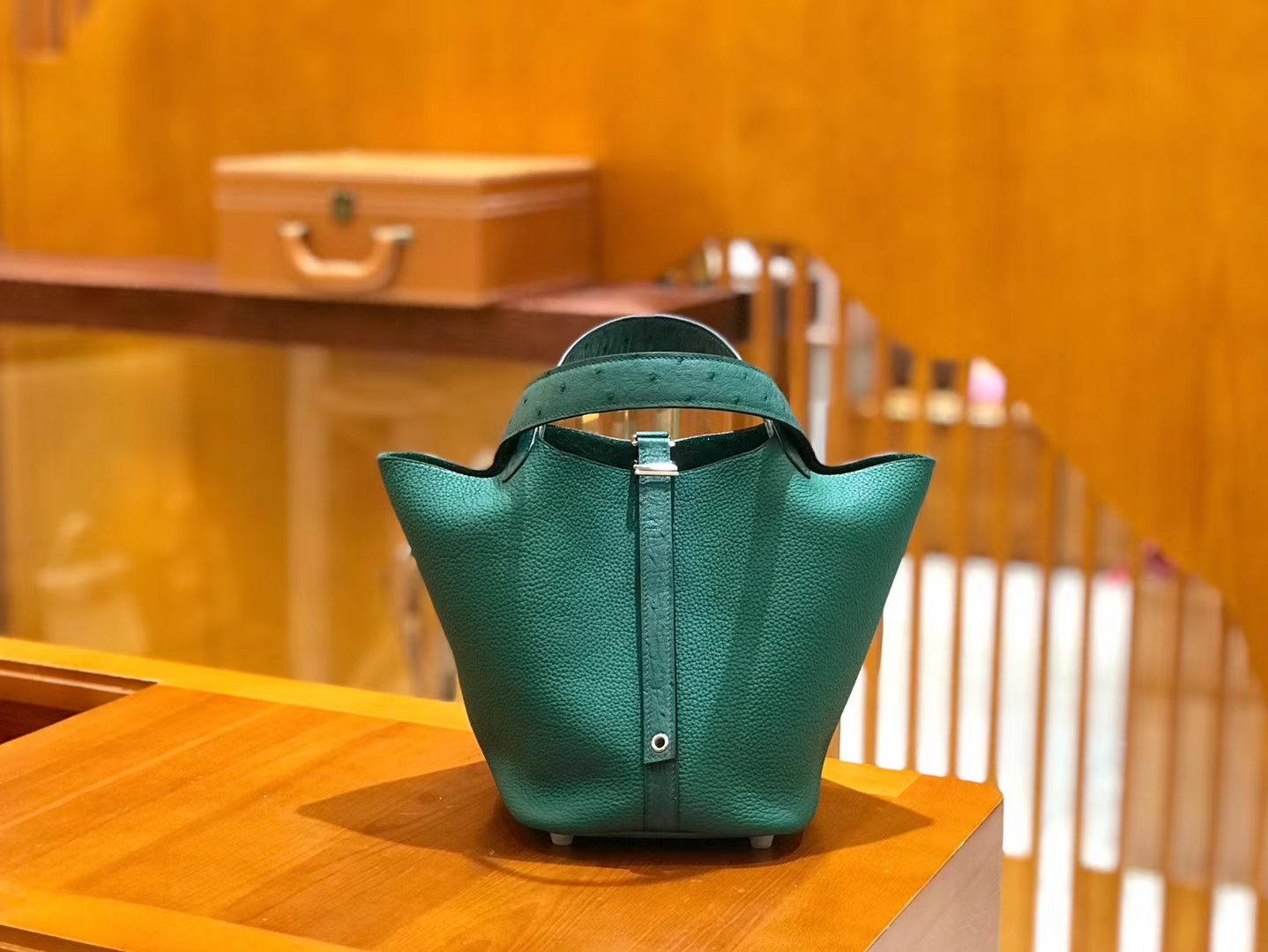 Hermès（爱马仕）Piction 18cm 丝绒绿 孔雀绿 银扣 鸵鸟皮拼小牛皮 全手工缝制