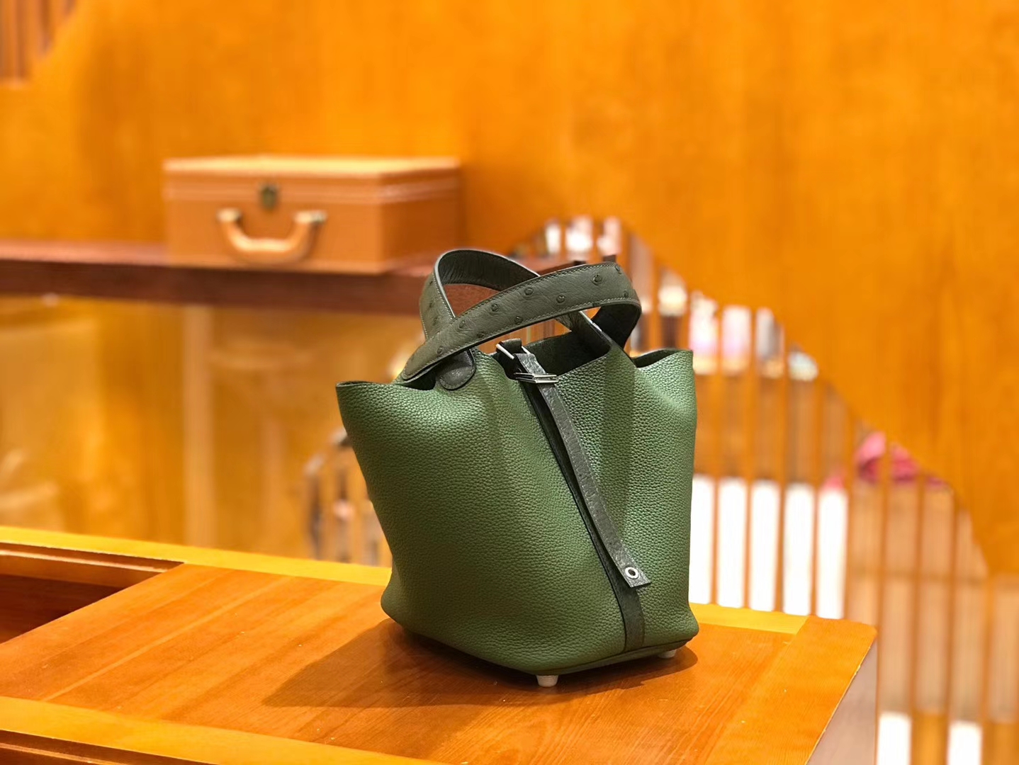 Hermès（爱马仕）Piction 18cm 丛林绿 银扣 鸵鸟皮拼小牛皮 全手工缝制
