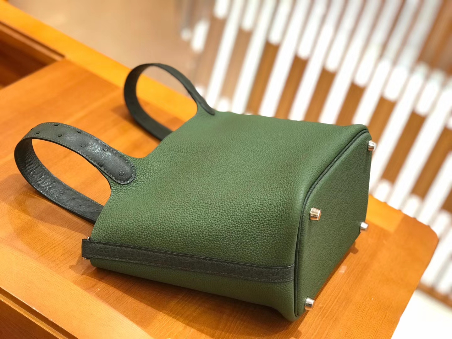 Hermès（爱马仕）Piction 18cm 丛林绿 银扣 鸵鸟皮拼小牛皮 全手工缝制