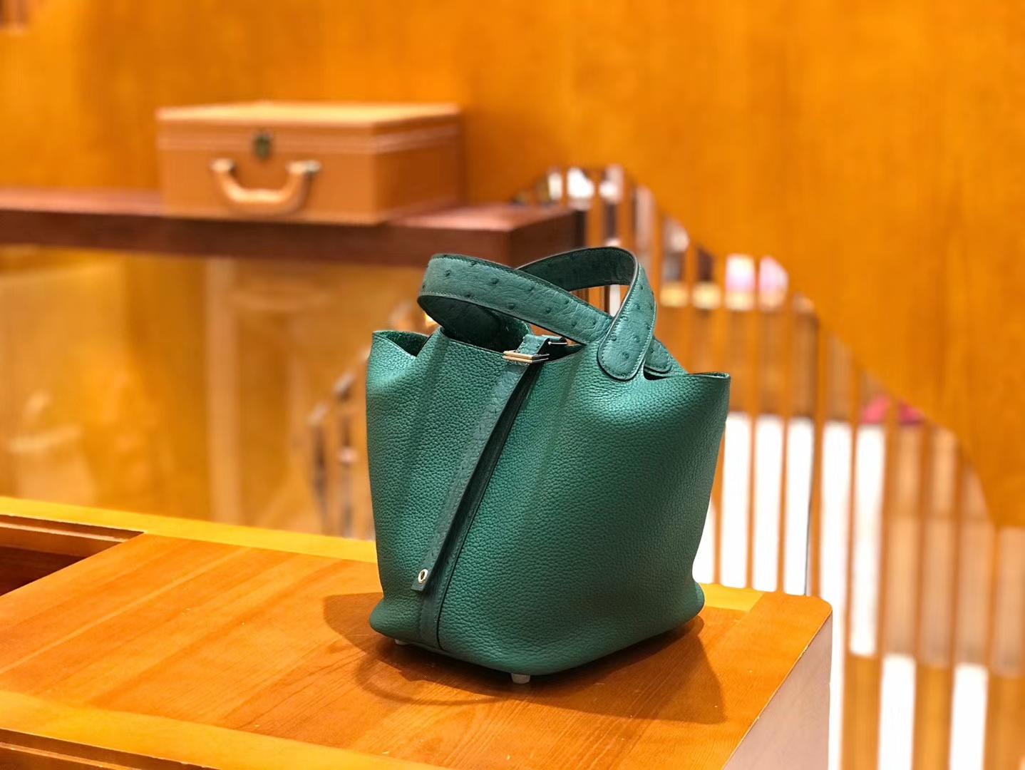 Hermès（爱马仕）Piction 18cm 丝绒绿 孔雀绿 银扣 鸵鸟皮拼小牛皮 全手工缝制