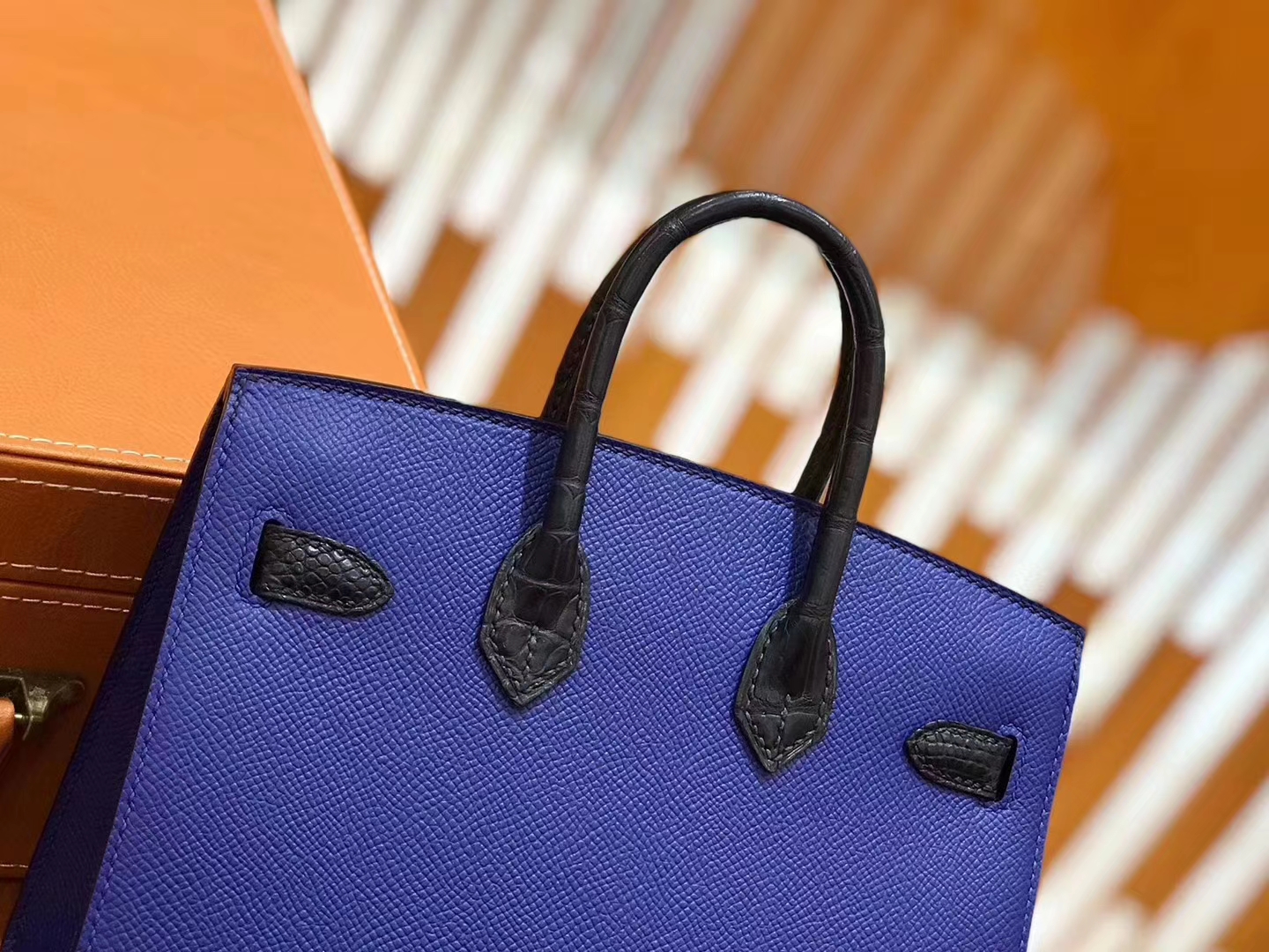 Hermès（爱马仕）Birkin 20cm 限量版小房子 宝蓝色 Epsom拼鳄鱼皮 顶级全手缝工序
