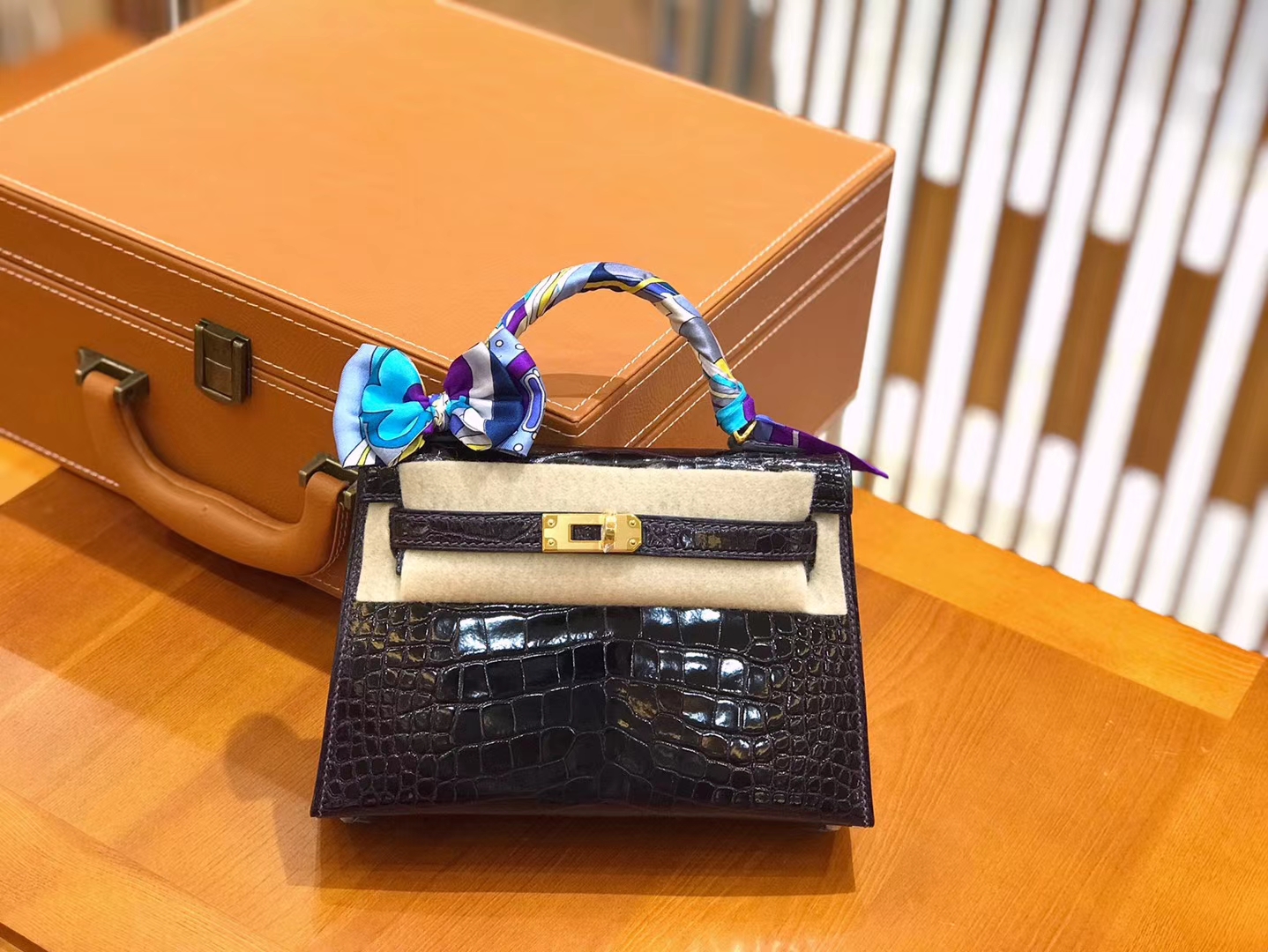 Hermès（爱马仕）迷你 2代 19cm 美洲鳄鱼 茄子紫 全手工缝制 新增现货