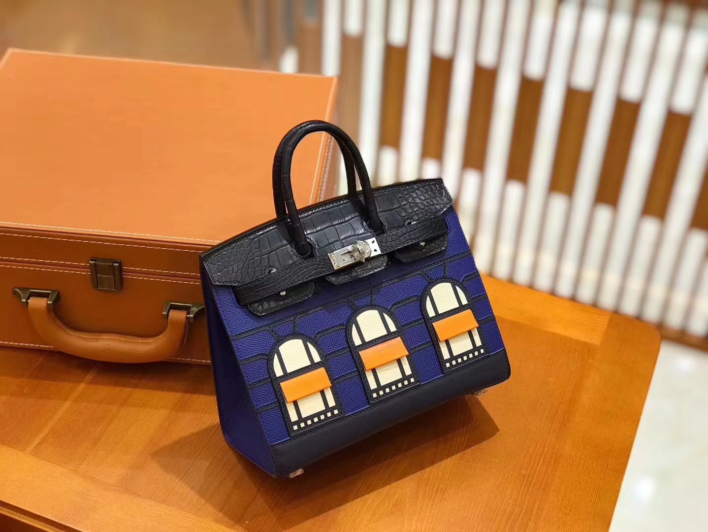 Hermès（爱马仕）Birkin 20cm 限量版小房子 宝蓝色 Epsom拼鳄鱼皮 顶级全手缝工序