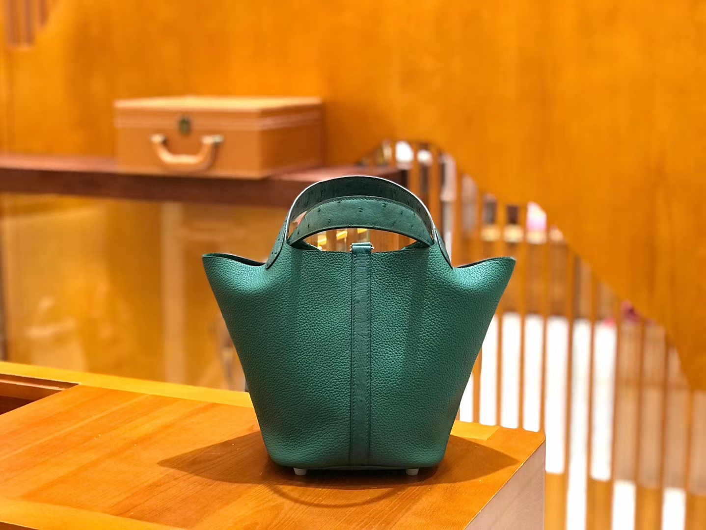 Hermès（爱马仕）Piction 18cm 丝绒绿 孔雀绿 银扣 鸵鸟皮拼小牛皮 全手工缝制