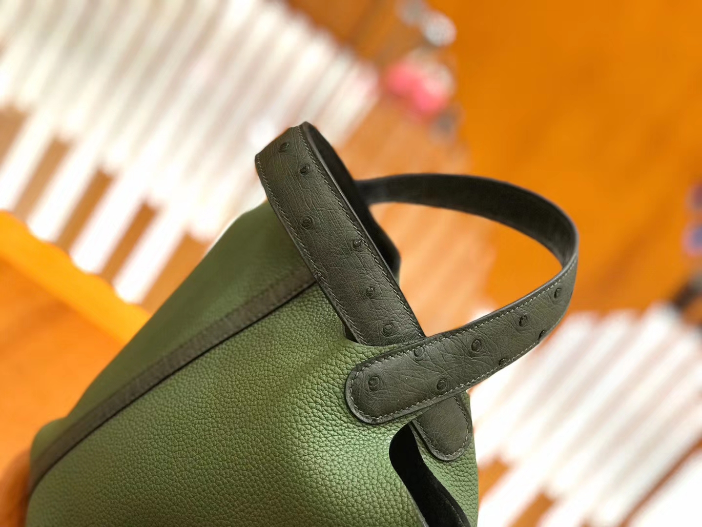 Hermès（爱马仕）Piction 18cm 丛林绿 银扣 鸵鸟皮拼小牛皮 全手工缝制