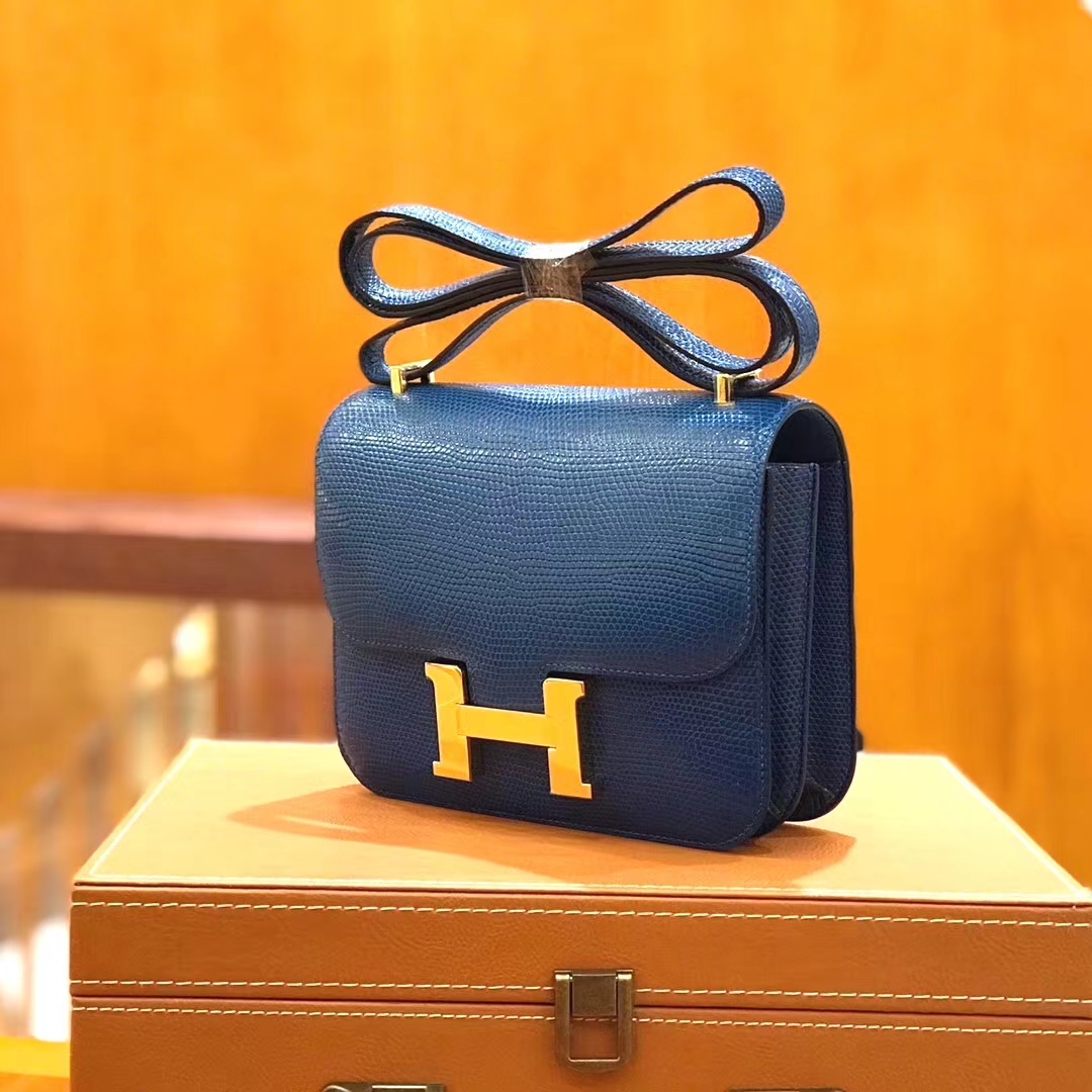 Hermès（爱马仕）Constance 18cm 坦桑尼亚蓝 南非野生蜥蜴皮 金扣 原版蜜蜡线 顶级手缝