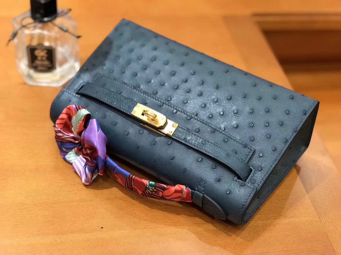 Hermès（爱马仕）Mini kelly 22cm 南非kk级鸵鸟皮 靛蓝色 原版蜜蜡线 顶级手工缝制