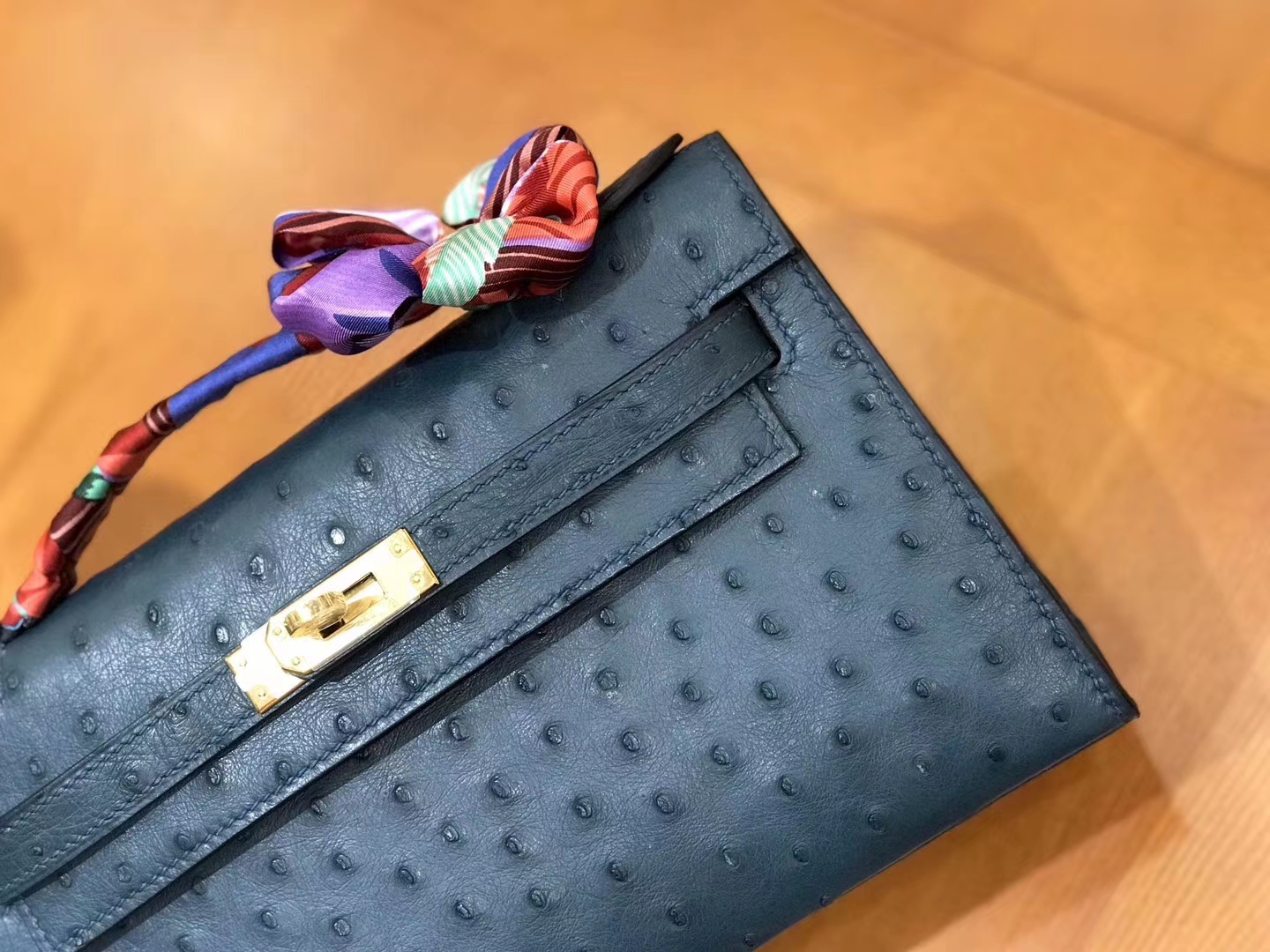 Hermès（爱马仕）Mini kelly 22cm 南非kk级鸵鸟皮 靛蓝色 原版蜜蜡线 顶级手工缝制