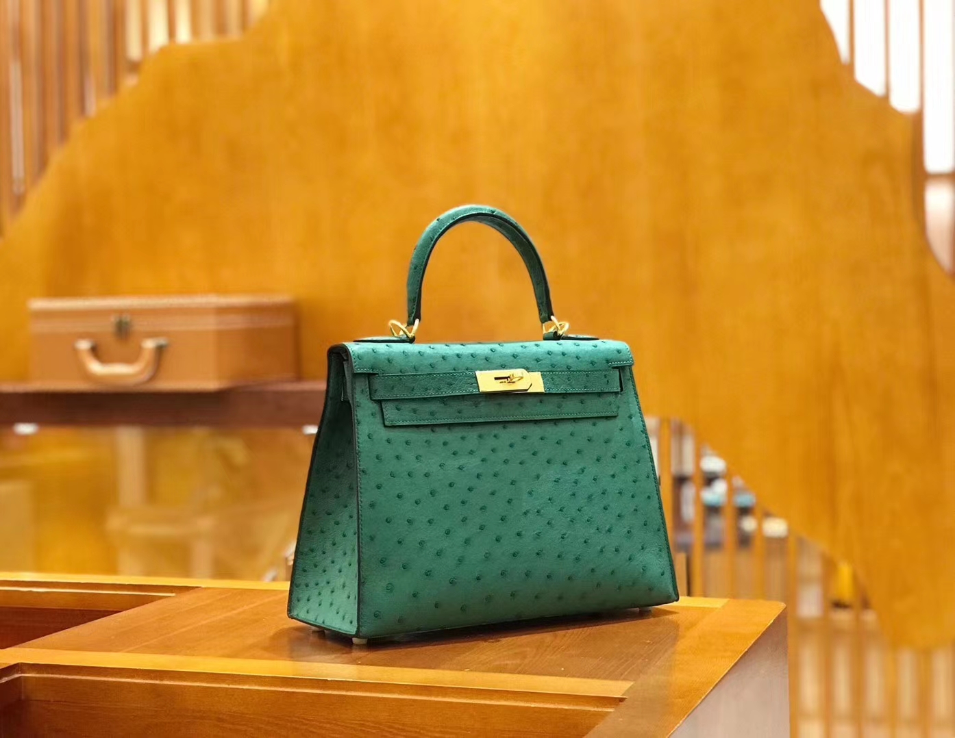 Hermès（爱马仕）Kelly 28cm 丝绒绿 金扣 南非kk级鸵鸟皮 原版蜜蜡线 顶级手工缝制