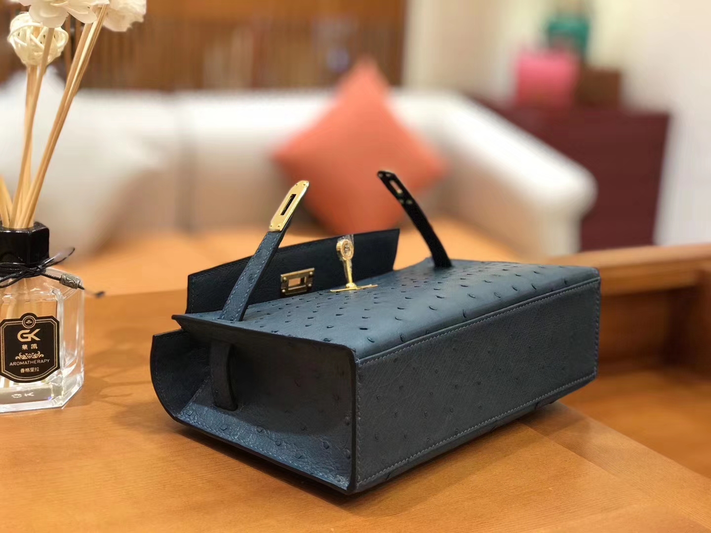 Hermès（爱马仕）Mini kelly 22cm 南非kk级鸵鸟皮 靛蓝色 原版蜜蜡线 顶级手工缝制