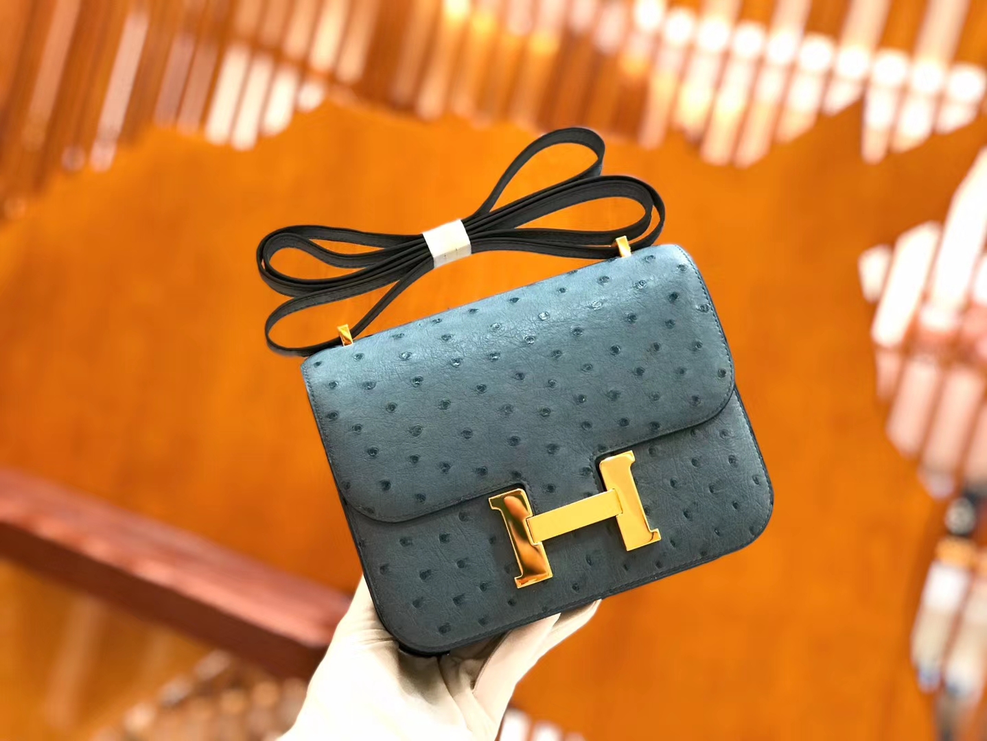 Hermès（爱马仕）Constance 18cm 牛仔蓝 南非KK级鸵鸟皮 金扣 原版蜜蜡线 顶级手缝