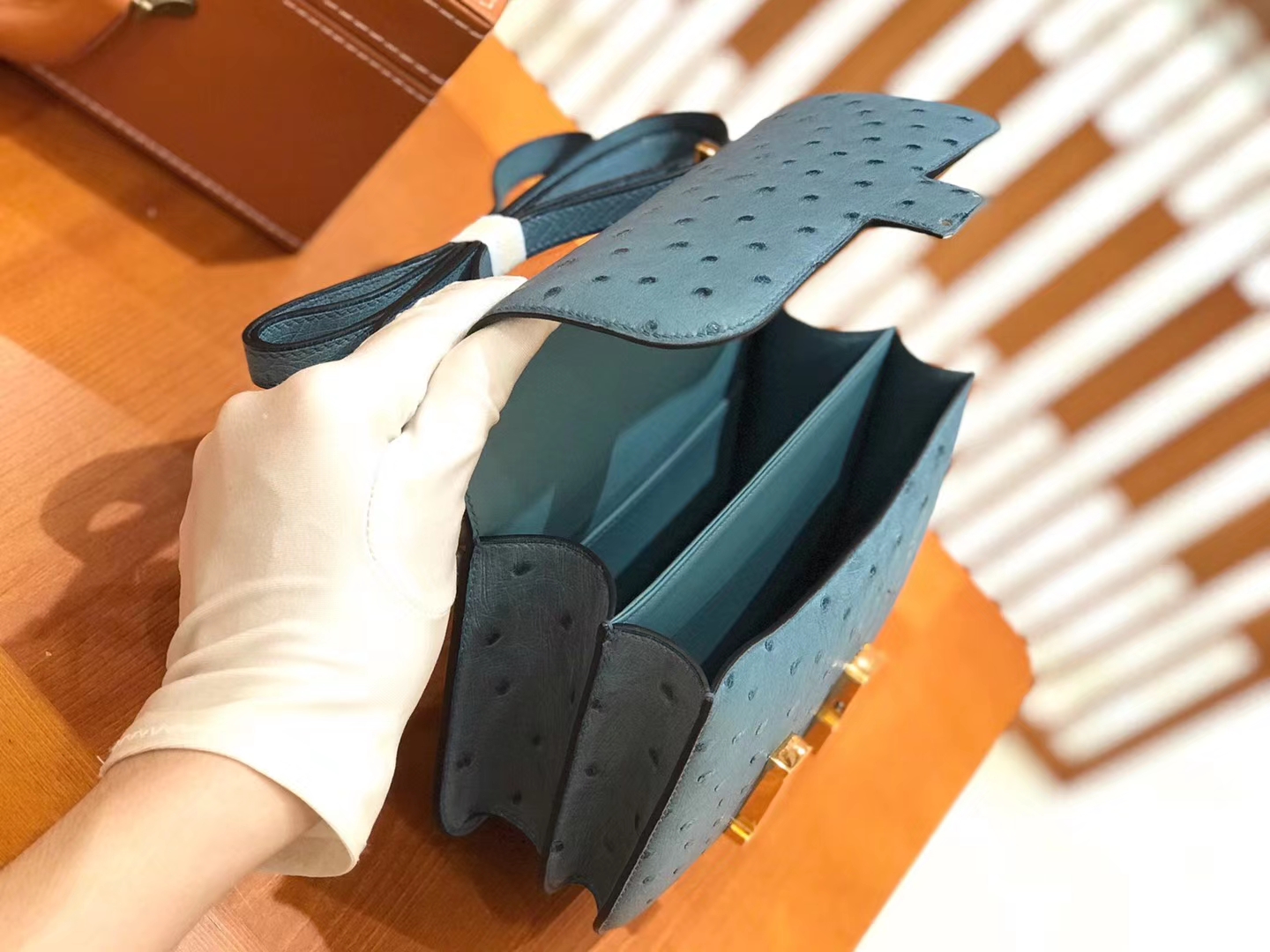 Hermès（爱马仕）Constance 18cm 牛仔蓝 南非KK级鸵鸟皮 金扣 原版蜜蜡线 顶级手缝