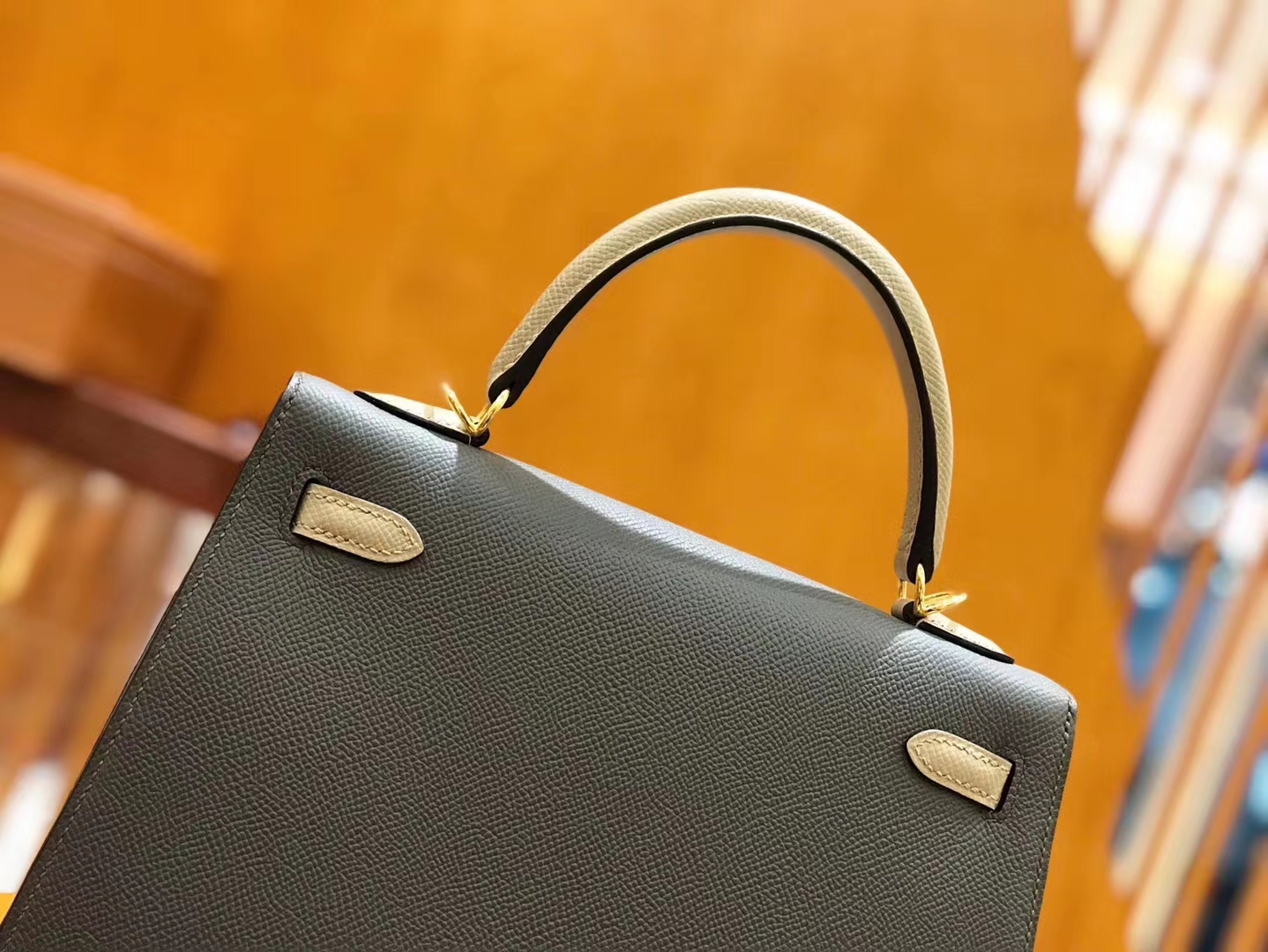 Hermès（爱马仕）Kelly 25cm 锡器灰拼斑鸠灰 掌纹小牛皮 金扣 原版蜜蜡线 顶级手工缝制