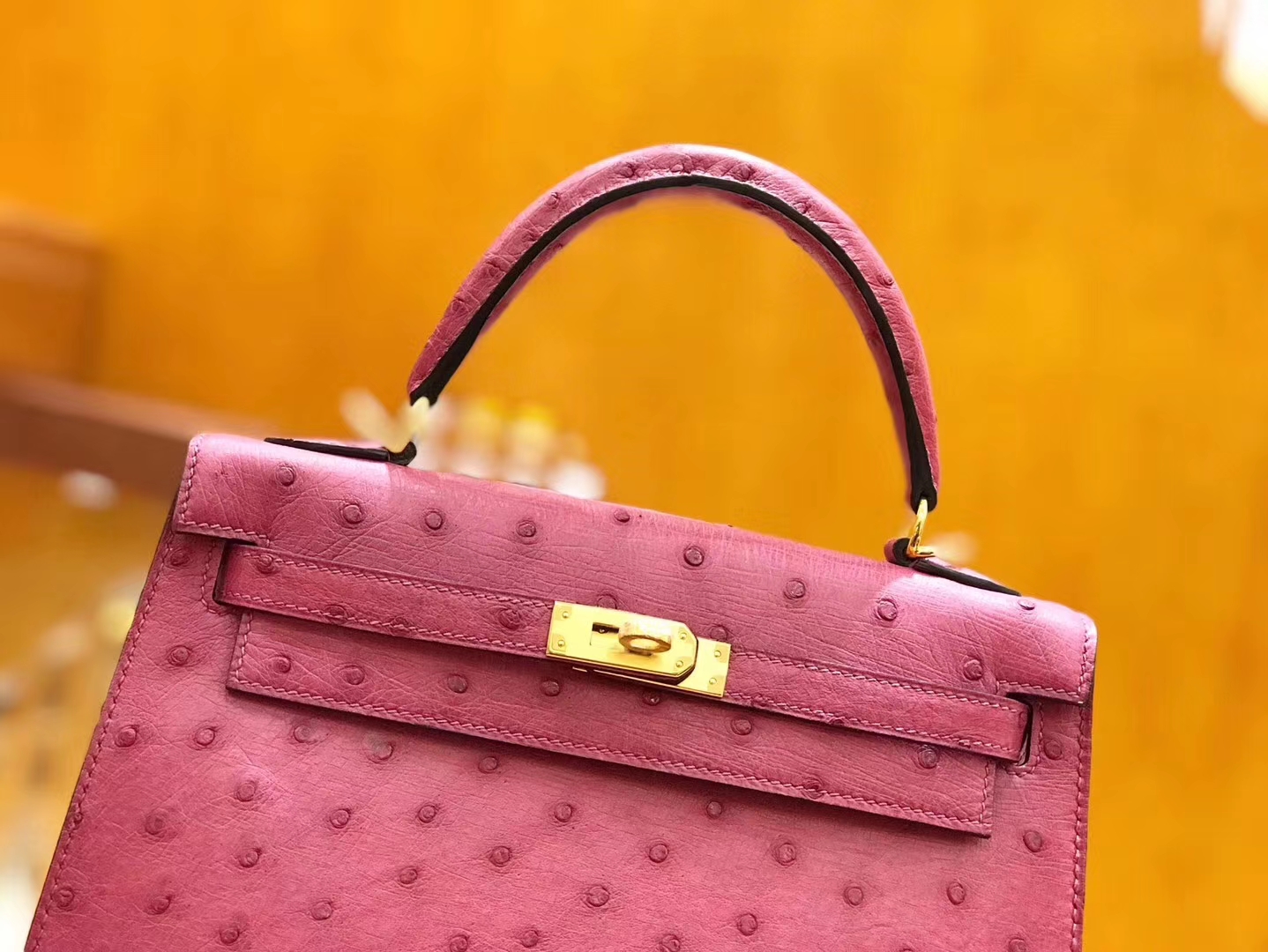 Hermès（爱马仕）Kelly 28cm 鸢尾紫 金扣 南非kk级鸵鸟皮 原版蜜蜡线 顶级手工缝制